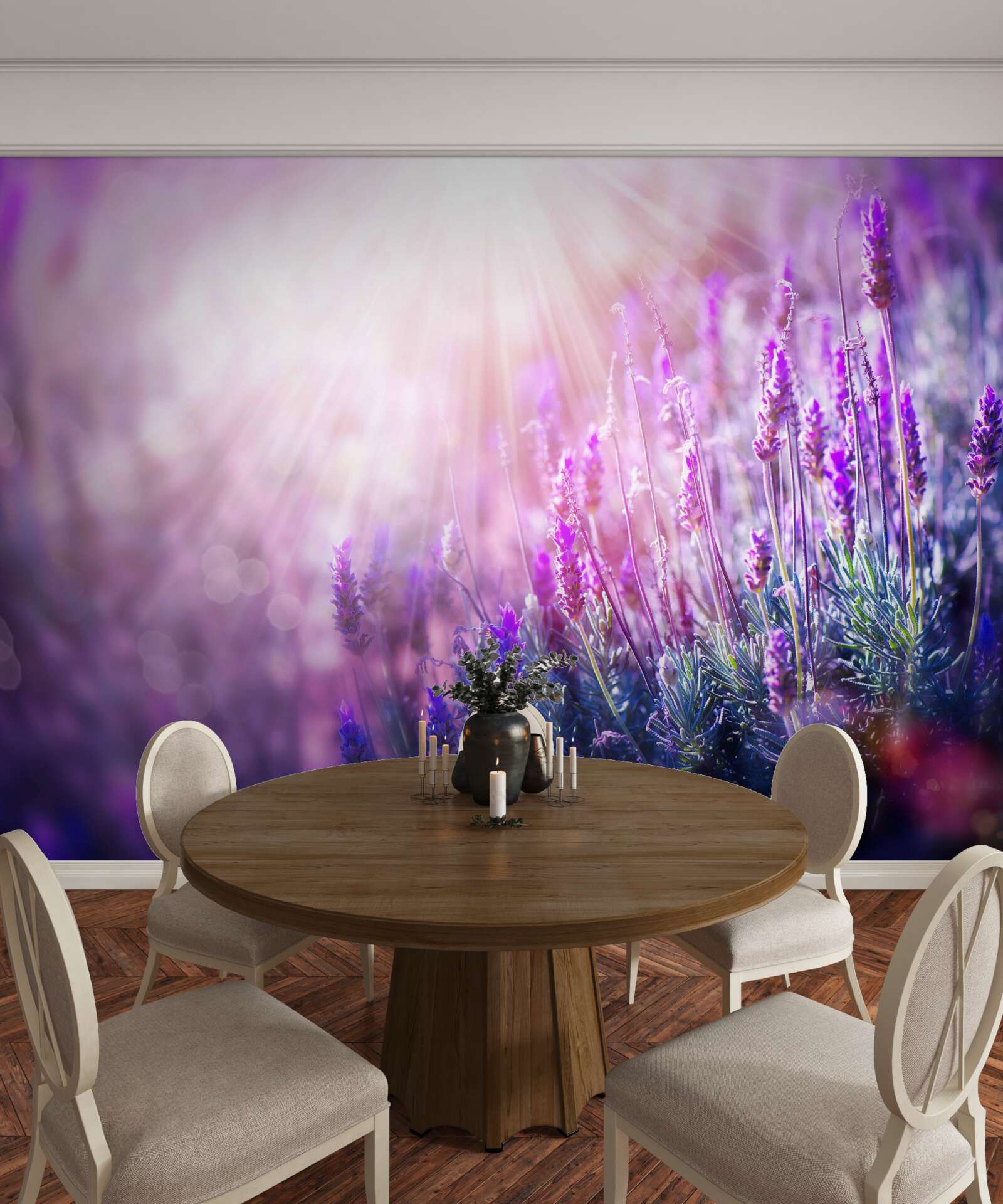 Fotobehang zonnestralen verlichten de lavendelstruiken