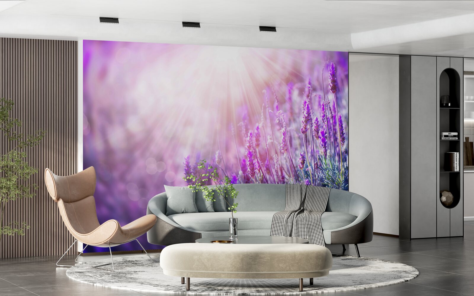 Fotobehang zonnestralen verlichten de lavendelstruiken