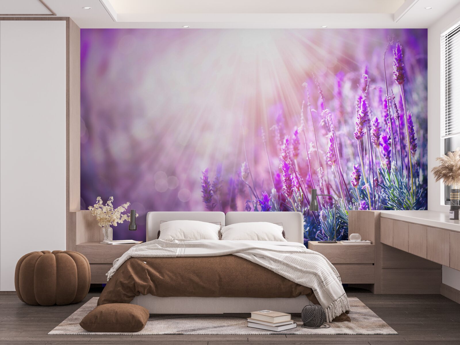 Fotobehang zonnestralen verlichten de lavendelstruiken