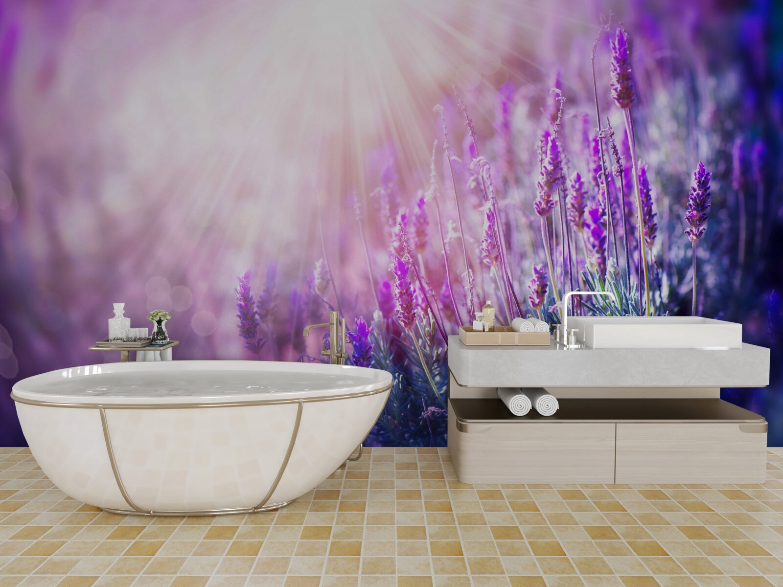 Fotobehang zonnestralen verlichten de lavendelstruiken