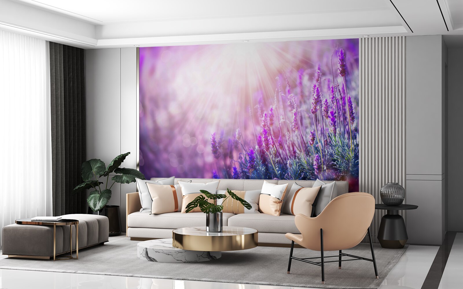 Fotobehang zonnestralen verlichten de lavendelstruiken