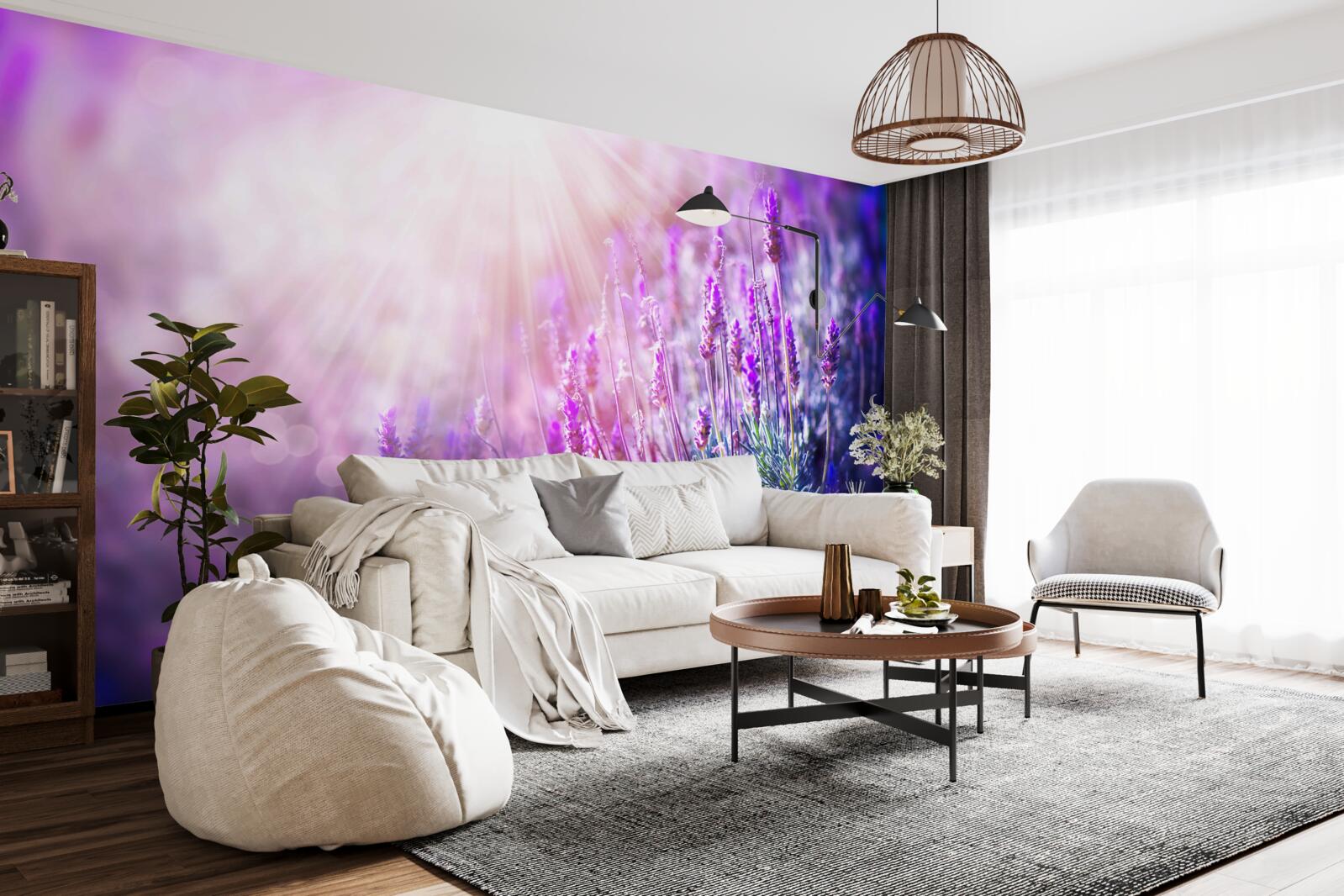 Fotobehang zonnestralen verlichten de lavendelstruiken