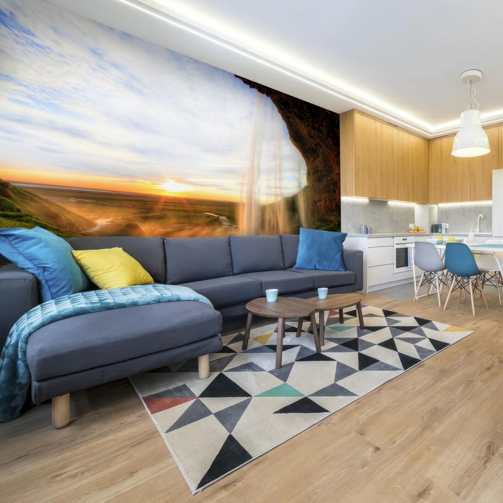 Fotobehang zonsondergang verlicht de majestueuze watervallen