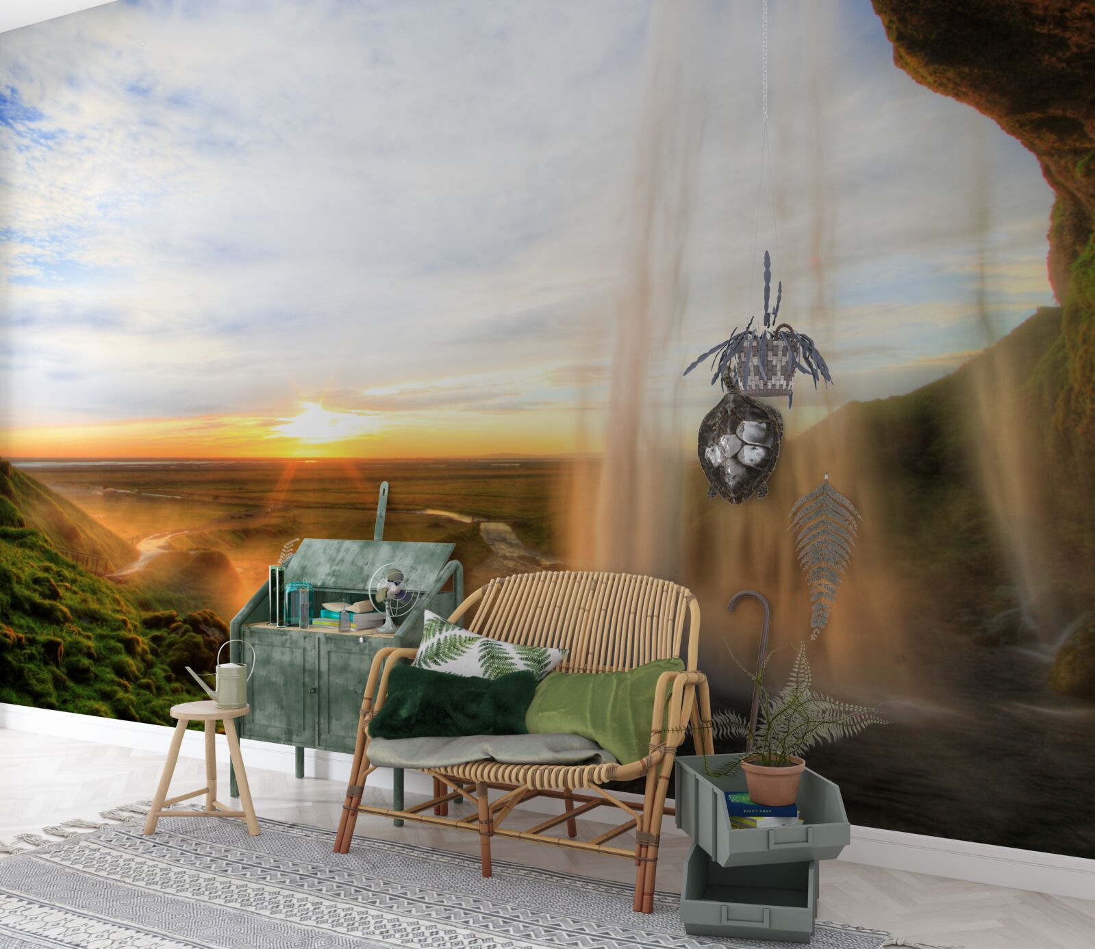 Fotobehang zonsondergang verlicht de majestueuze watervallen