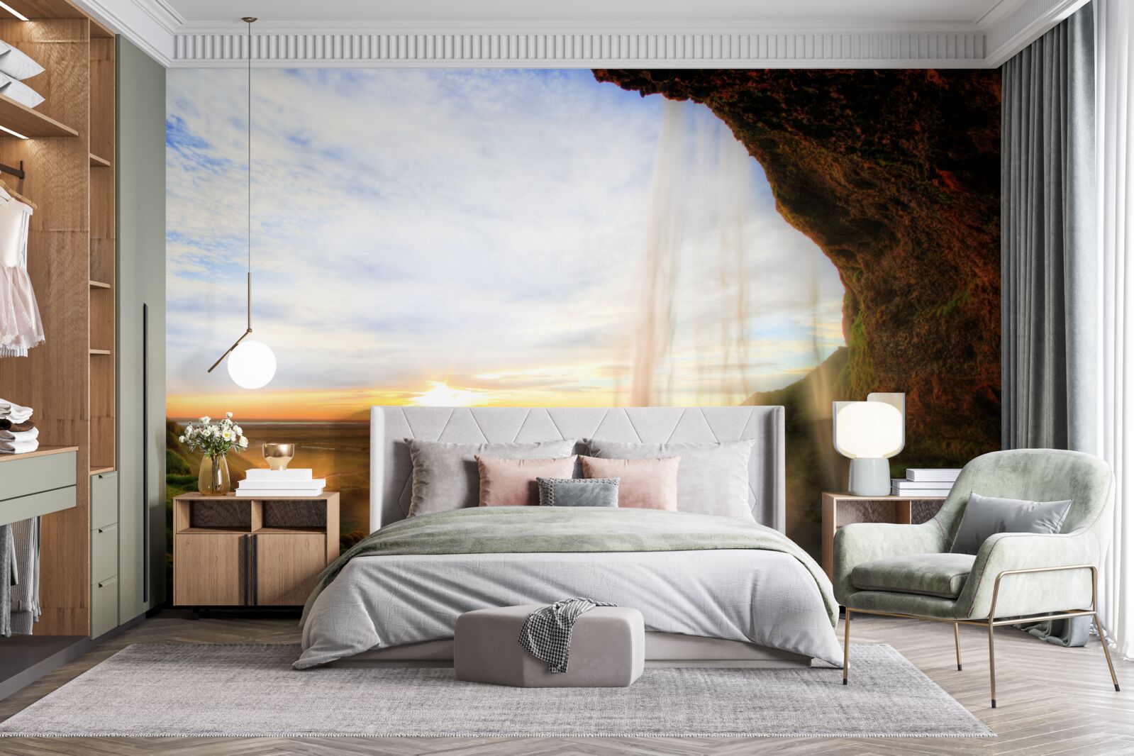 Fotobehang zonsondergang verlicht de majestueuze watervallen