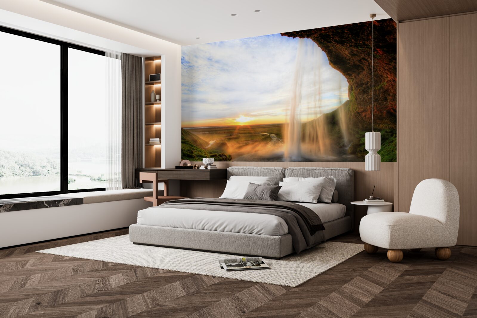 Fotobehang zonsondergang verlicht de majestueuze watervallen