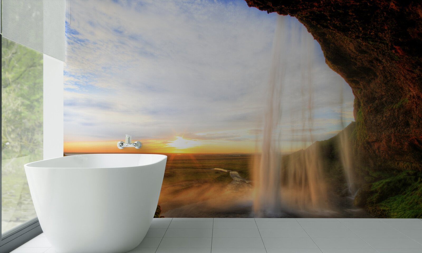 Fotobehang zonsondergang verlicht de majestueuze watervallen