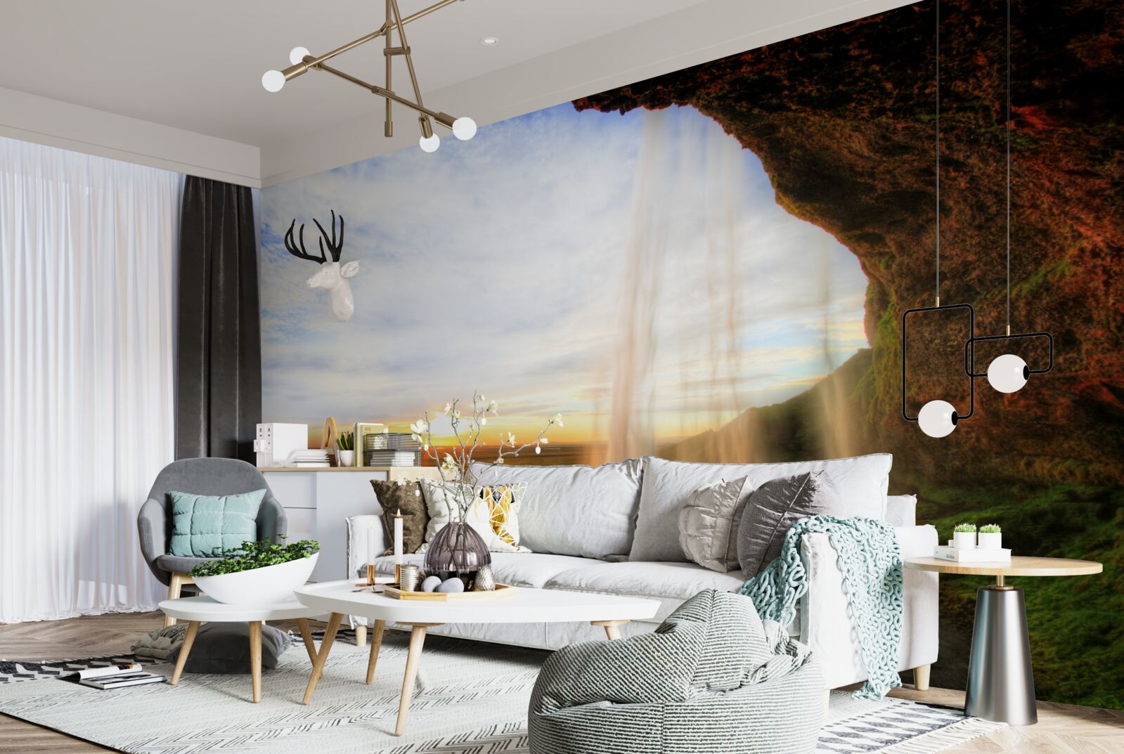 Fotobehang zonsondergang verlicht de majestueuze watervallen