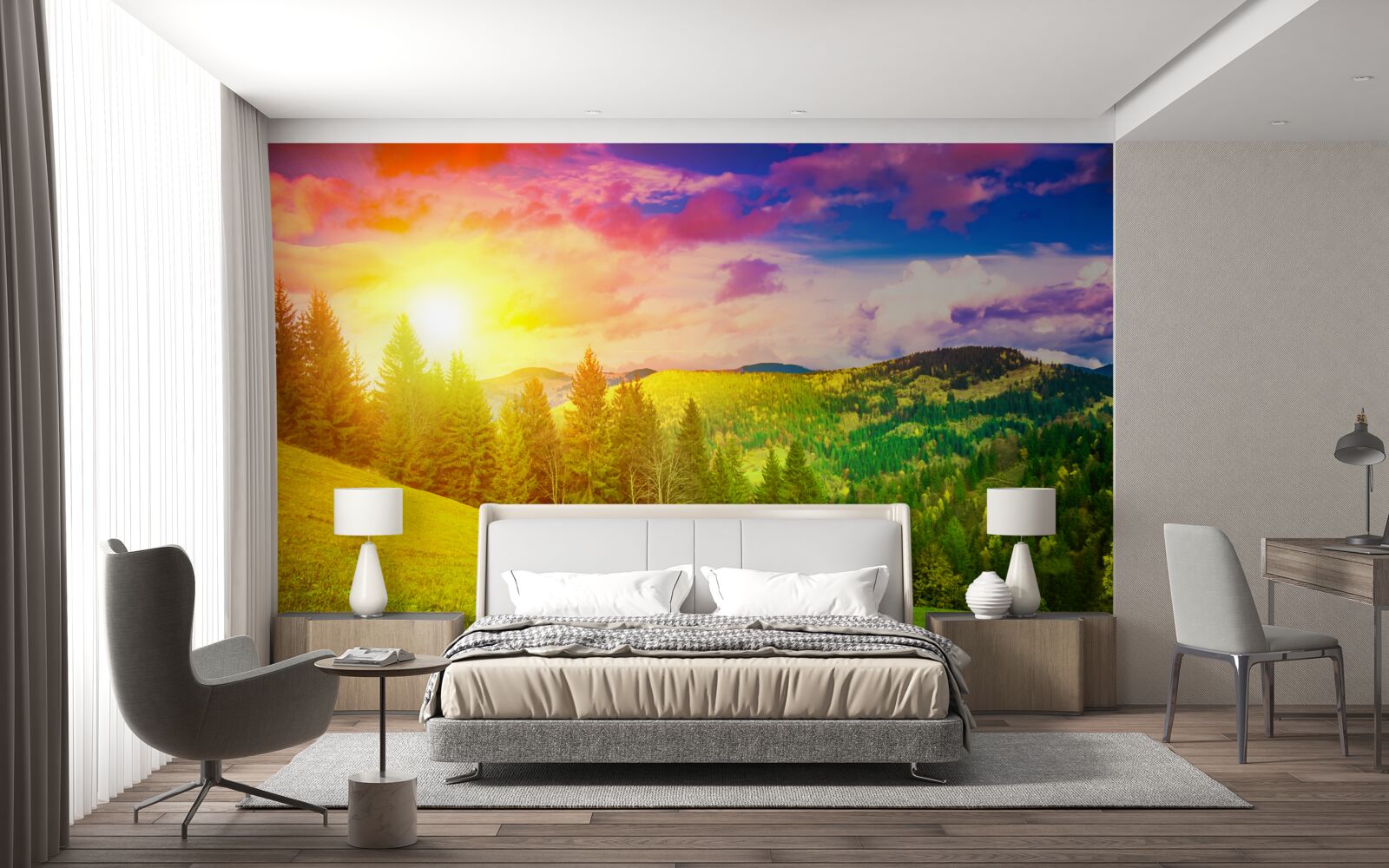 Fotobehang de verzengende zonsondergang schilderde de groene heuvel met heldere kleuren