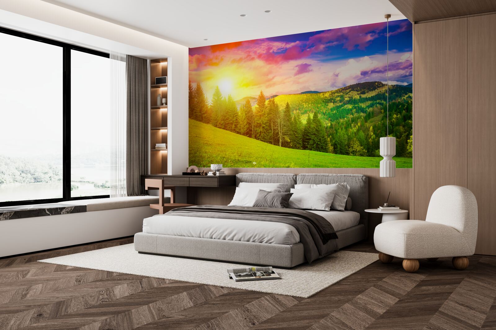 Fotobehang de verzengende zonsondergang schilderde de groene heuvel met heldere kleuren