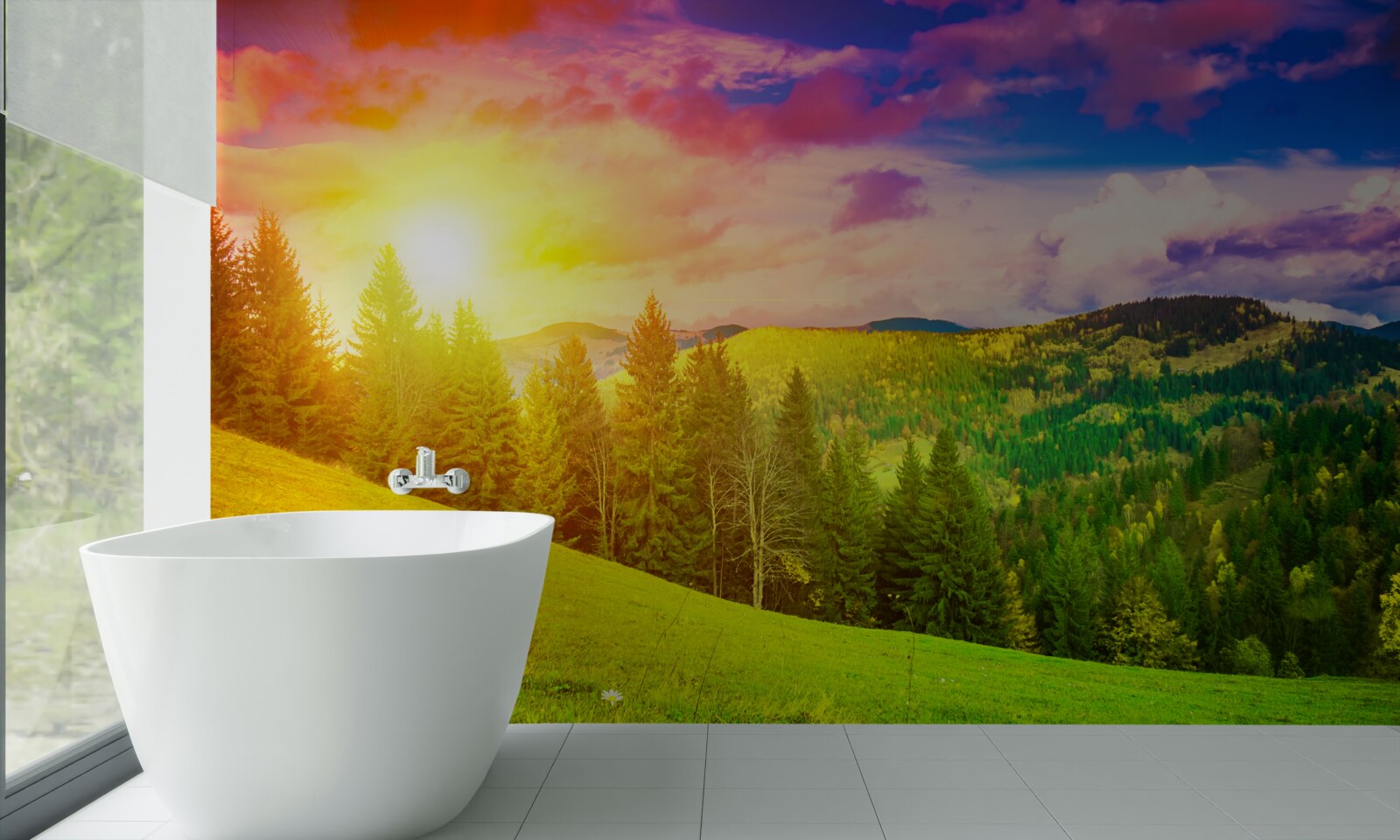 Fotobehang de verzengende zonsondergang schilderde de groene heuvel met heldere kleuren