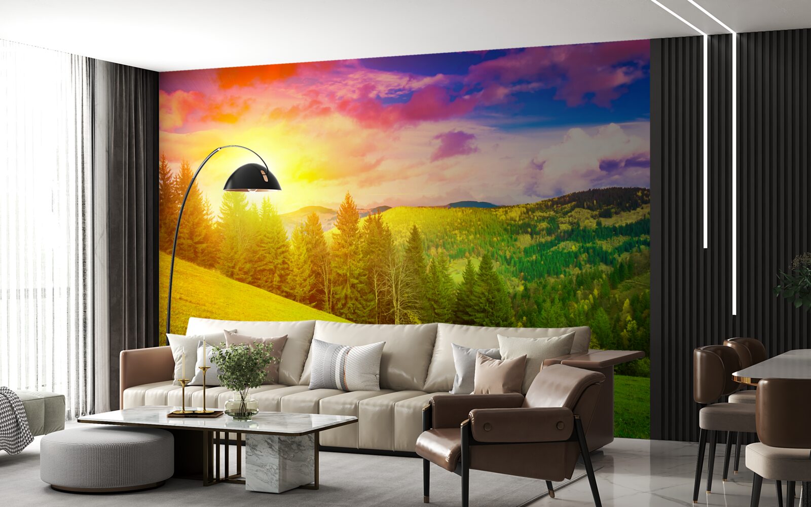 Fotobehang de verzengende zonsondergang schilderde de groene heuvel met heldere kleuren