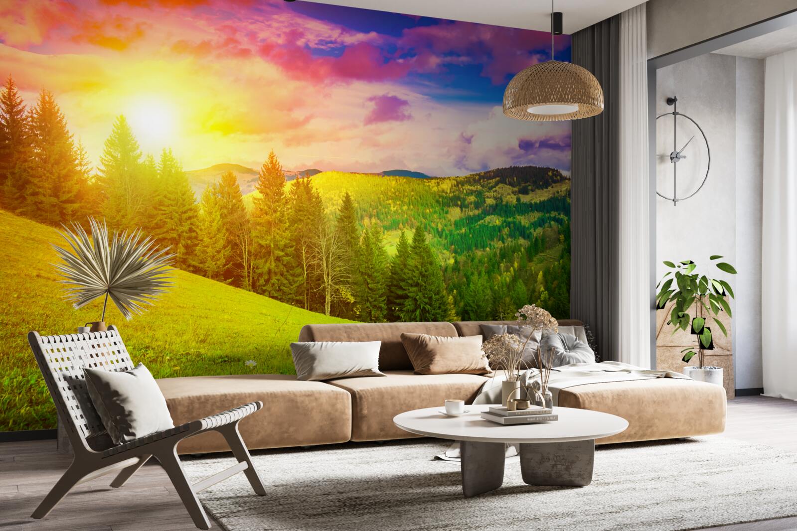 Fotobehang de verzengende zonsondergang schilderde de groene heuvel met heldere kleuren