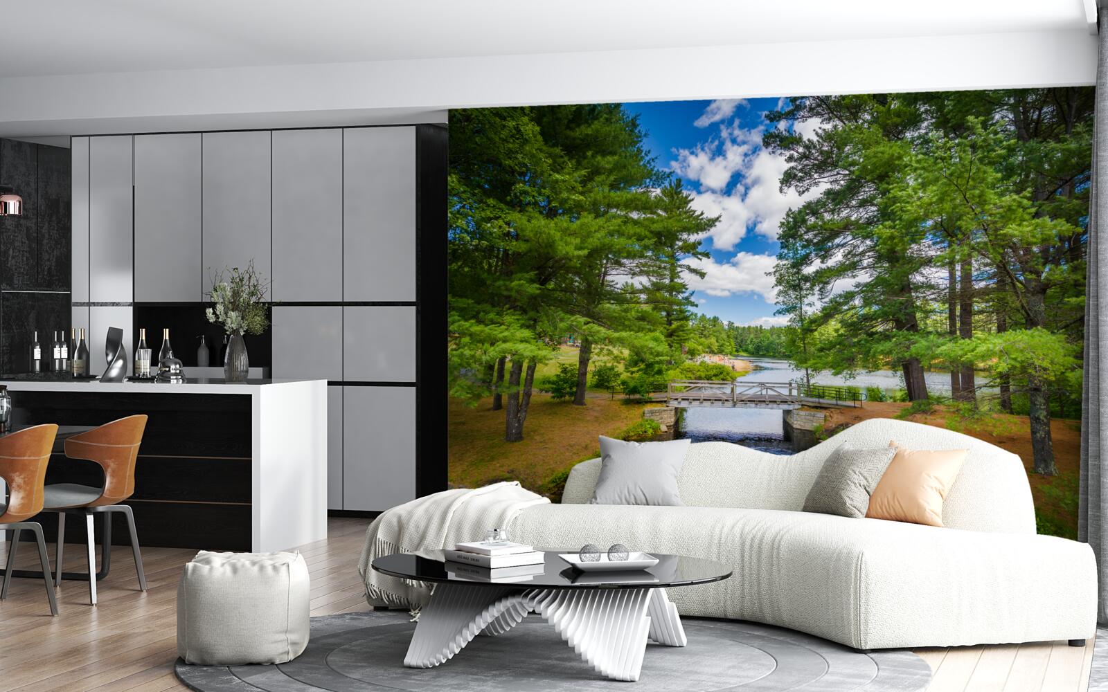 Fotobehang een snelle stroom door een smaragdgroen bos