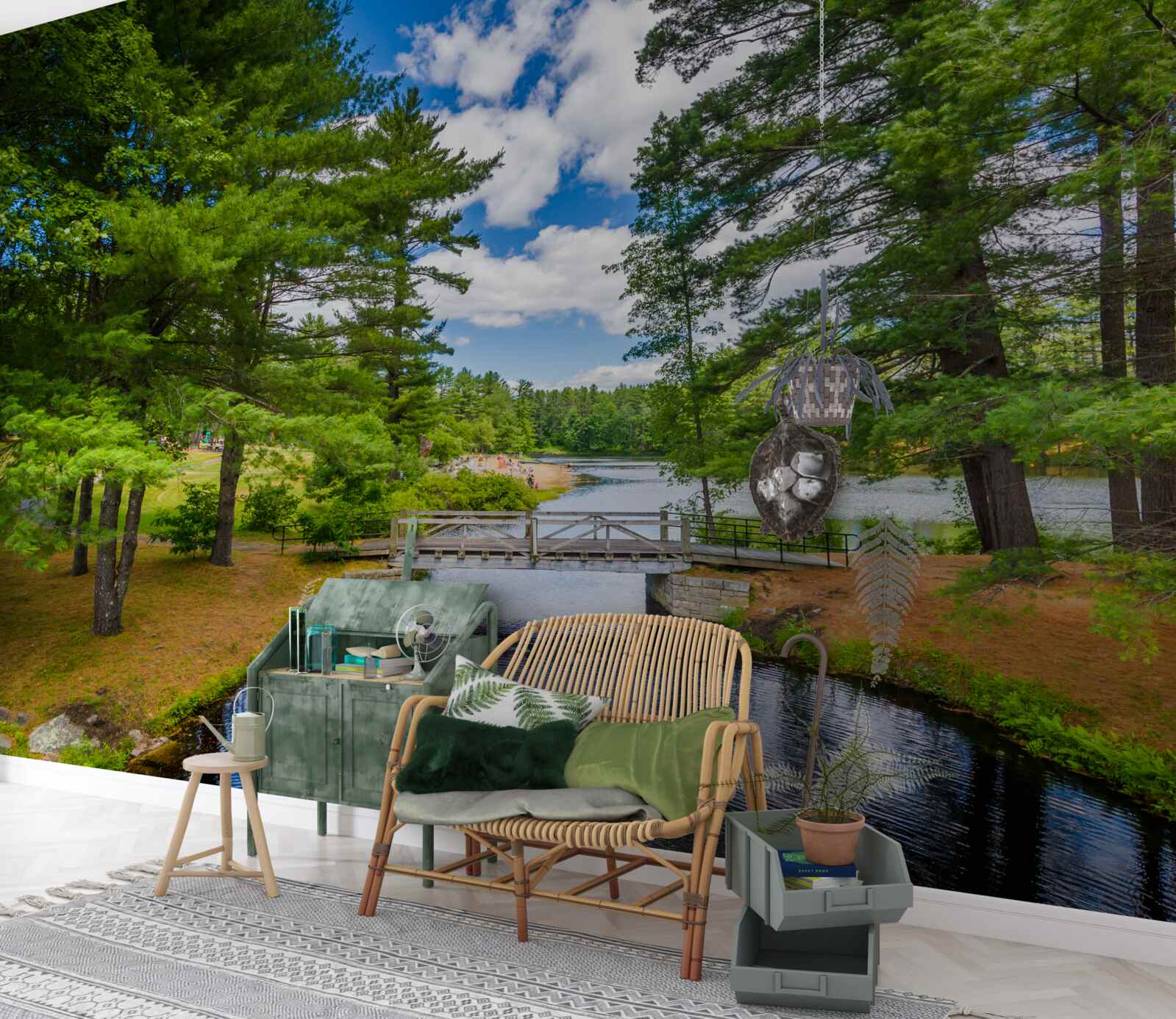 Fotobehang een snelle stroom door een smaragdgroen bos