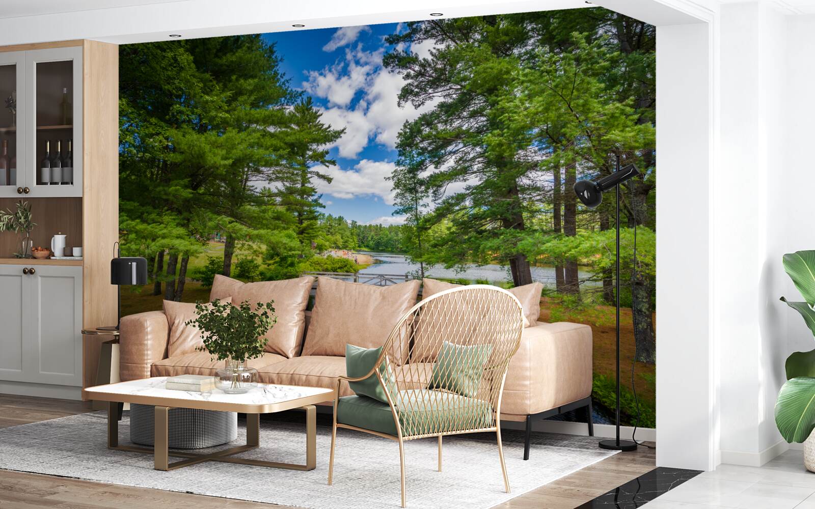 Fotobehang een snelle stroom door een smaragdgroen bos