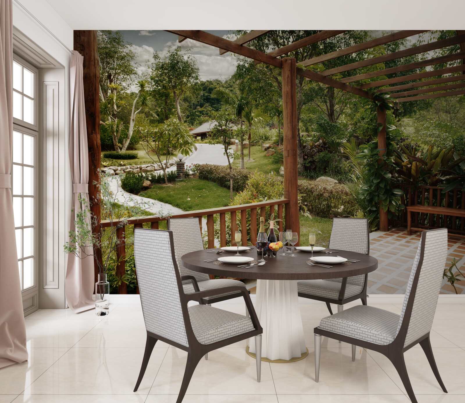 Fotobehang terras met comfort en toegang tot de vijver