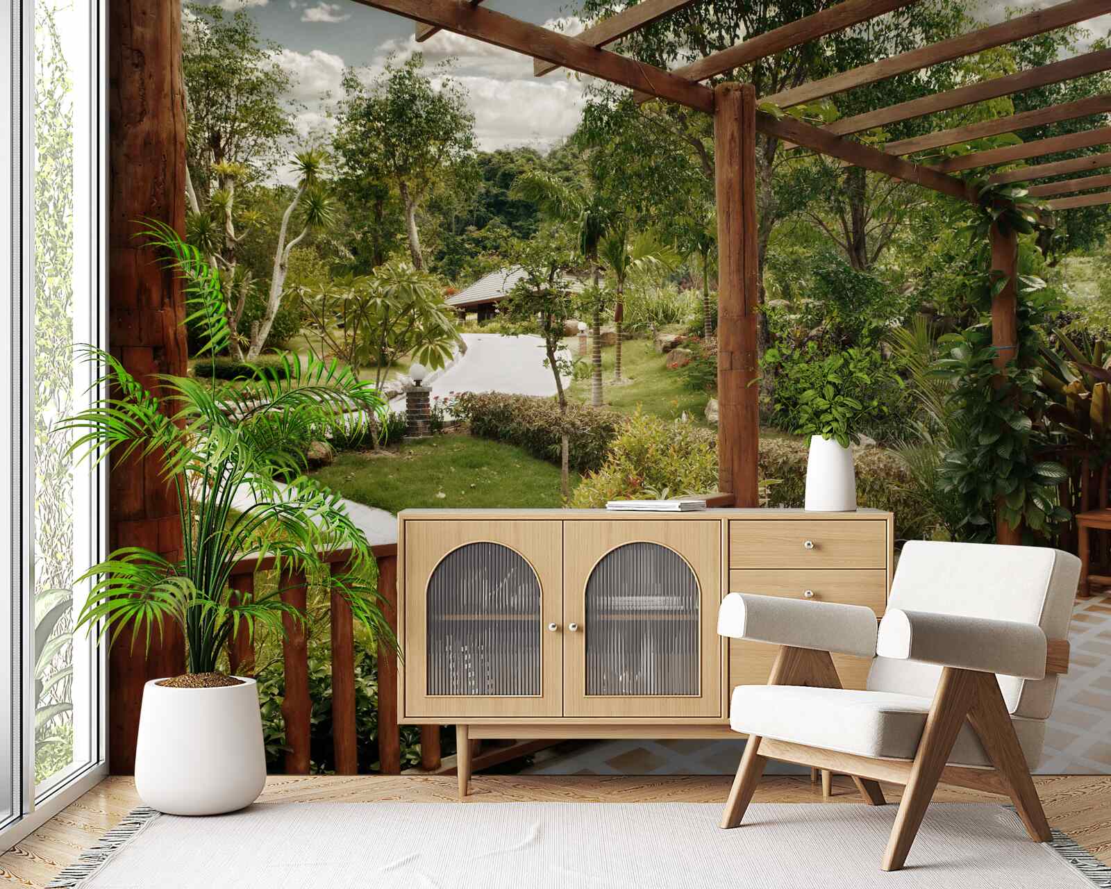 Fotobehang terras met comfort en toegang tot de vijver