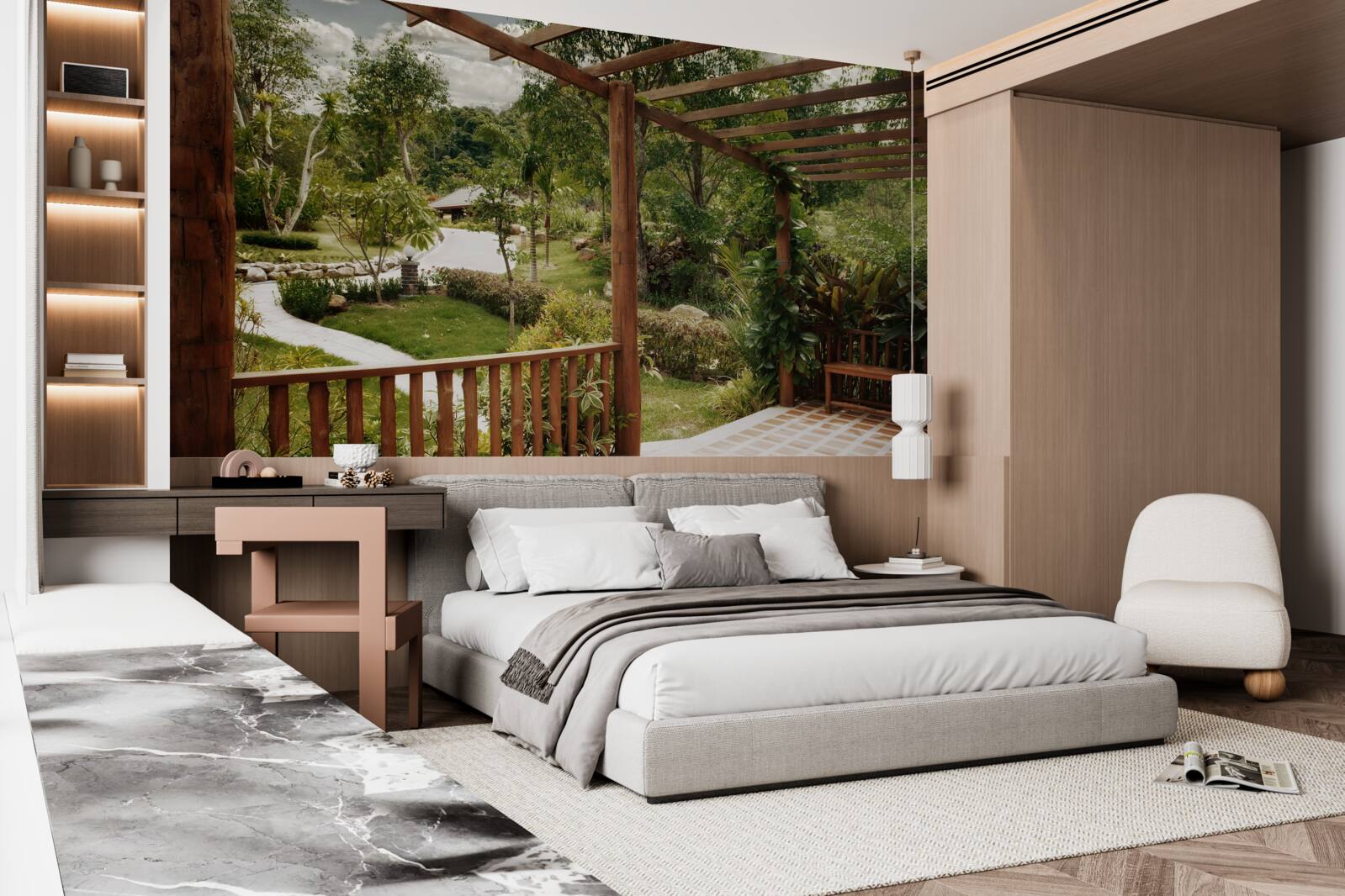 Fotobehang terras met comfort en toegang tot de vijver