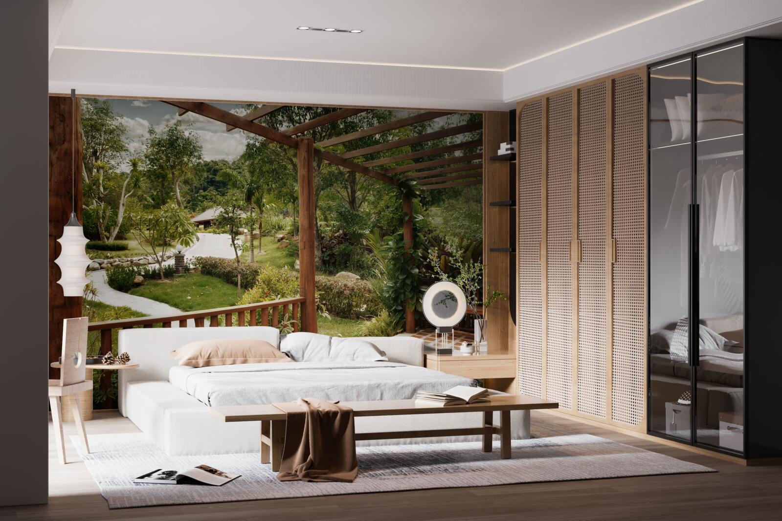 Fotobehang terras met comfort en toegang tot de vijver