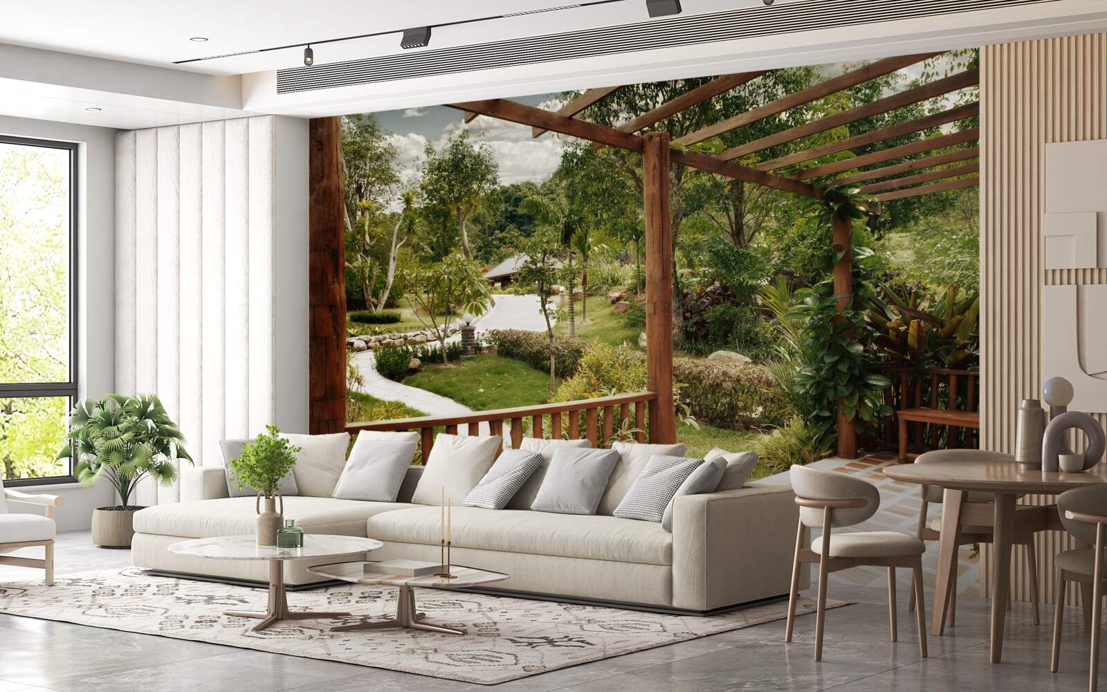 Fotobehang terras met comfort en toegang tot de vijver