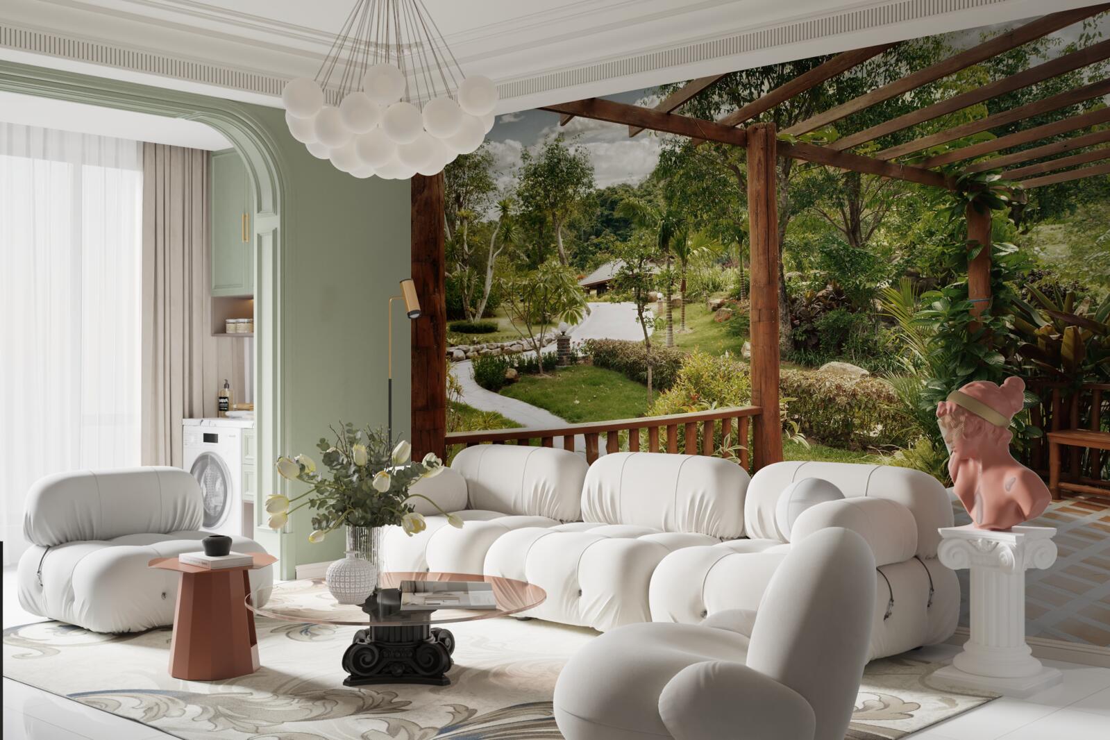 Fotobehang terras met comfort en toegang tot de vijver