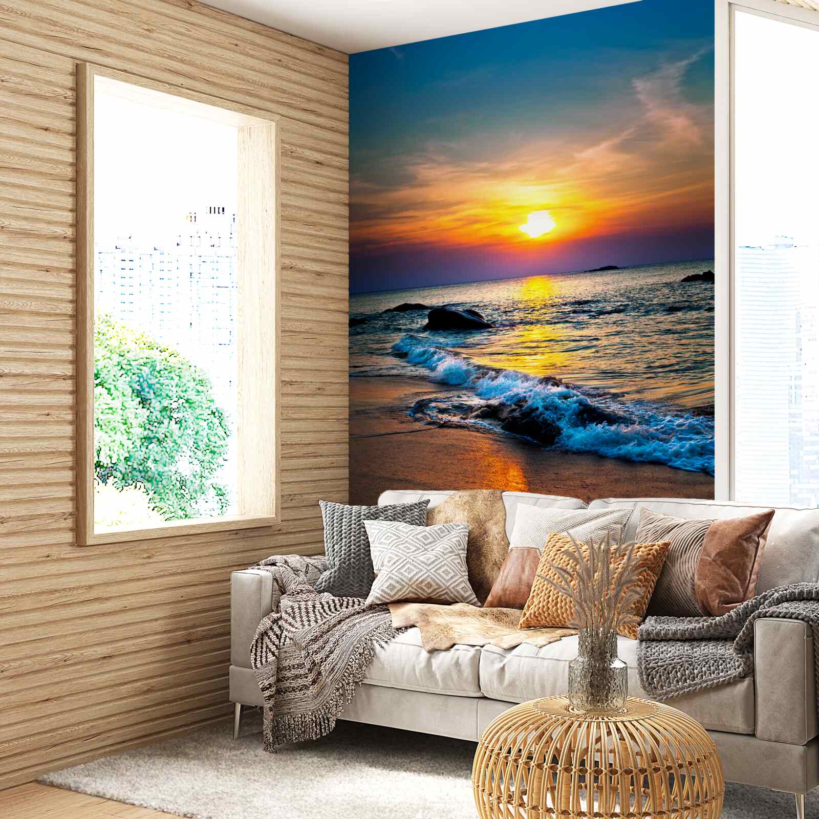 Fotobehang de zon verdwijnt achter de horizon over de zee en de kust