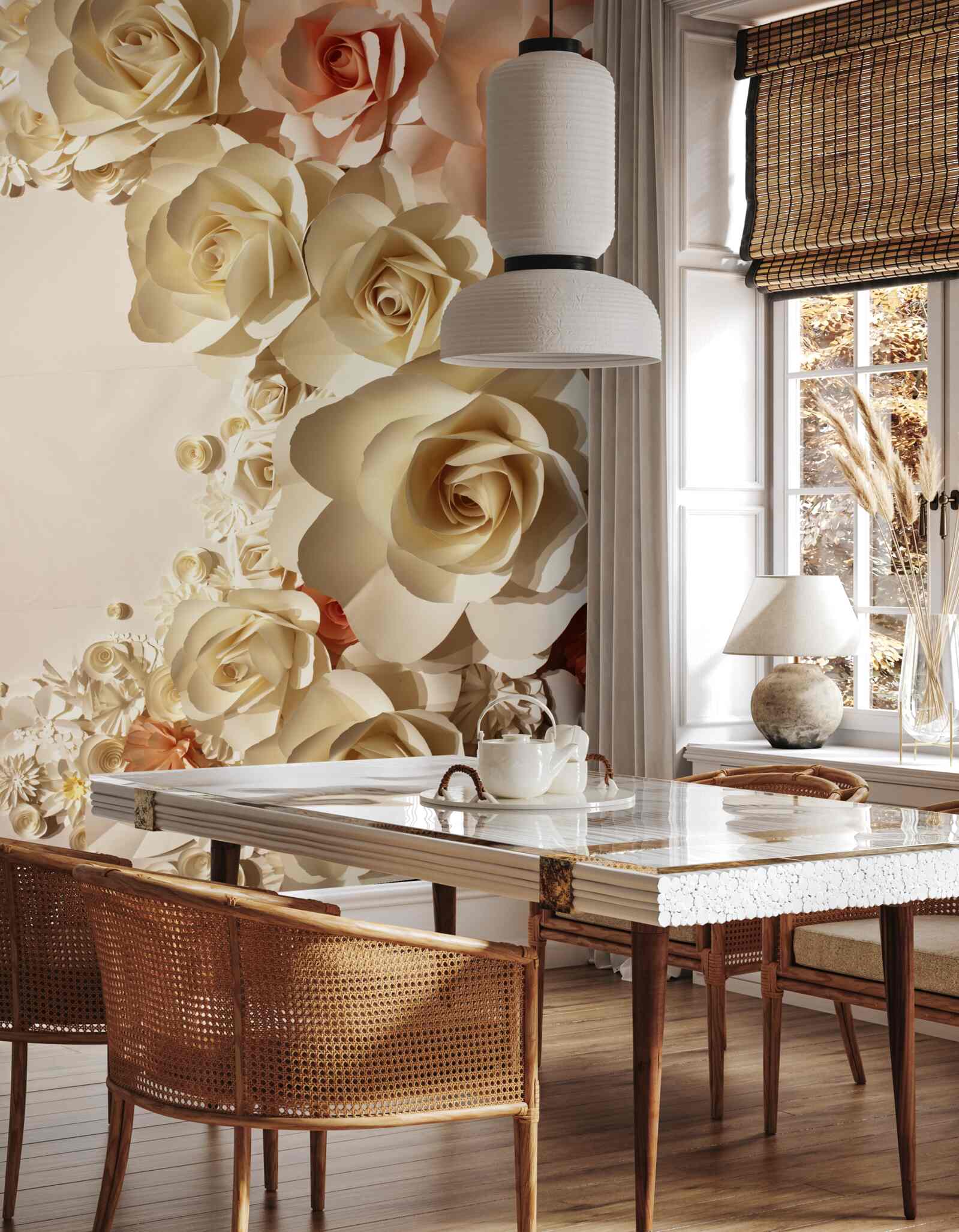 Fotobehang witte en roze gipsbloemen