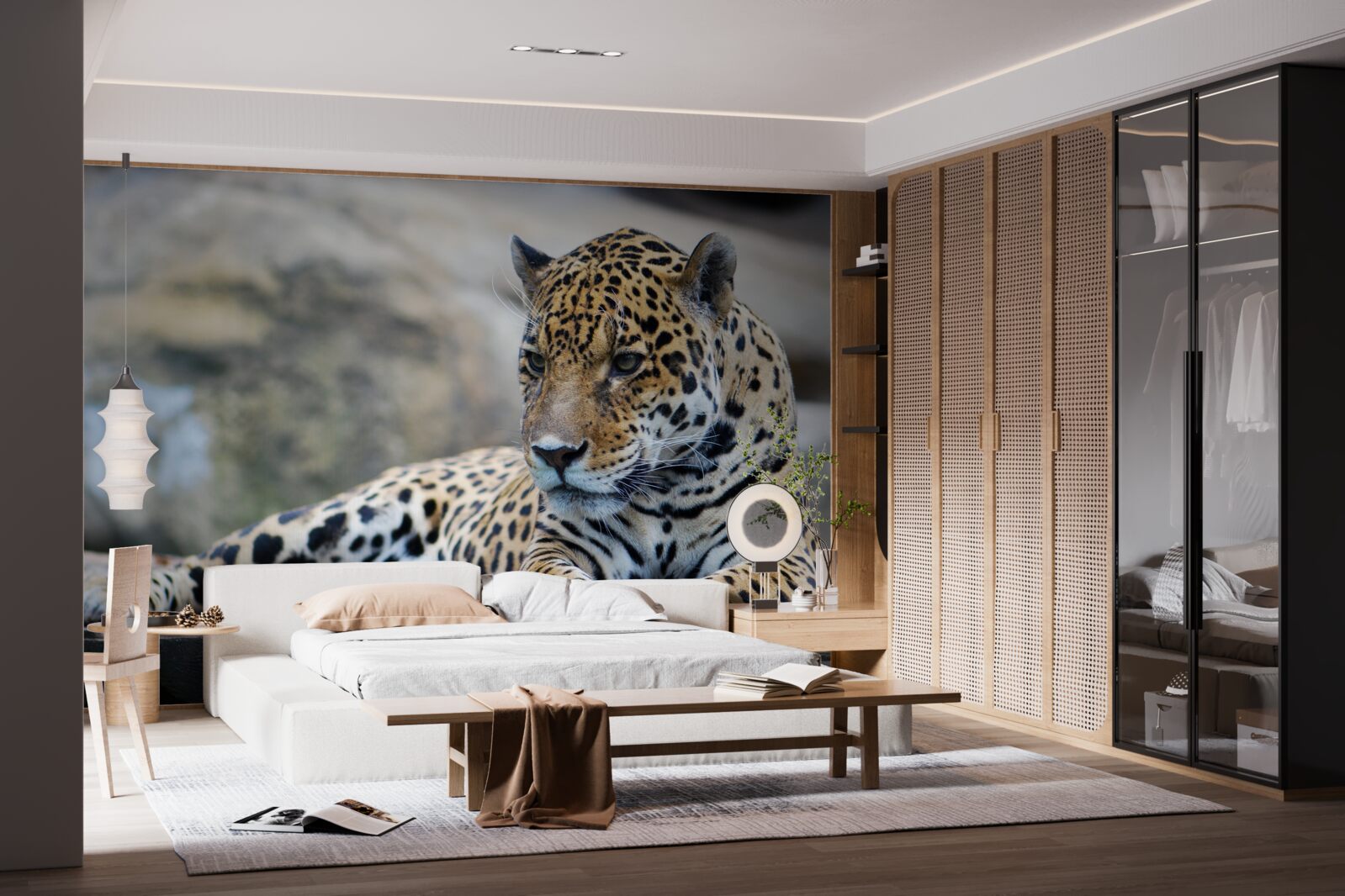 Fotobehang luipaard ontspant op houten oppervlakken