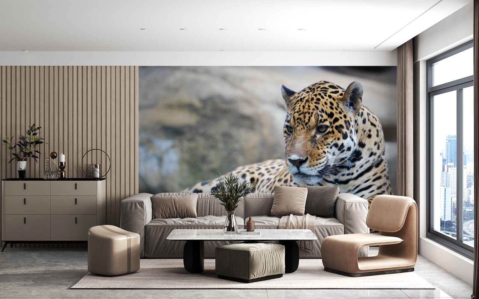 Fotobehang luipaard ontspant op houten oppervlakken