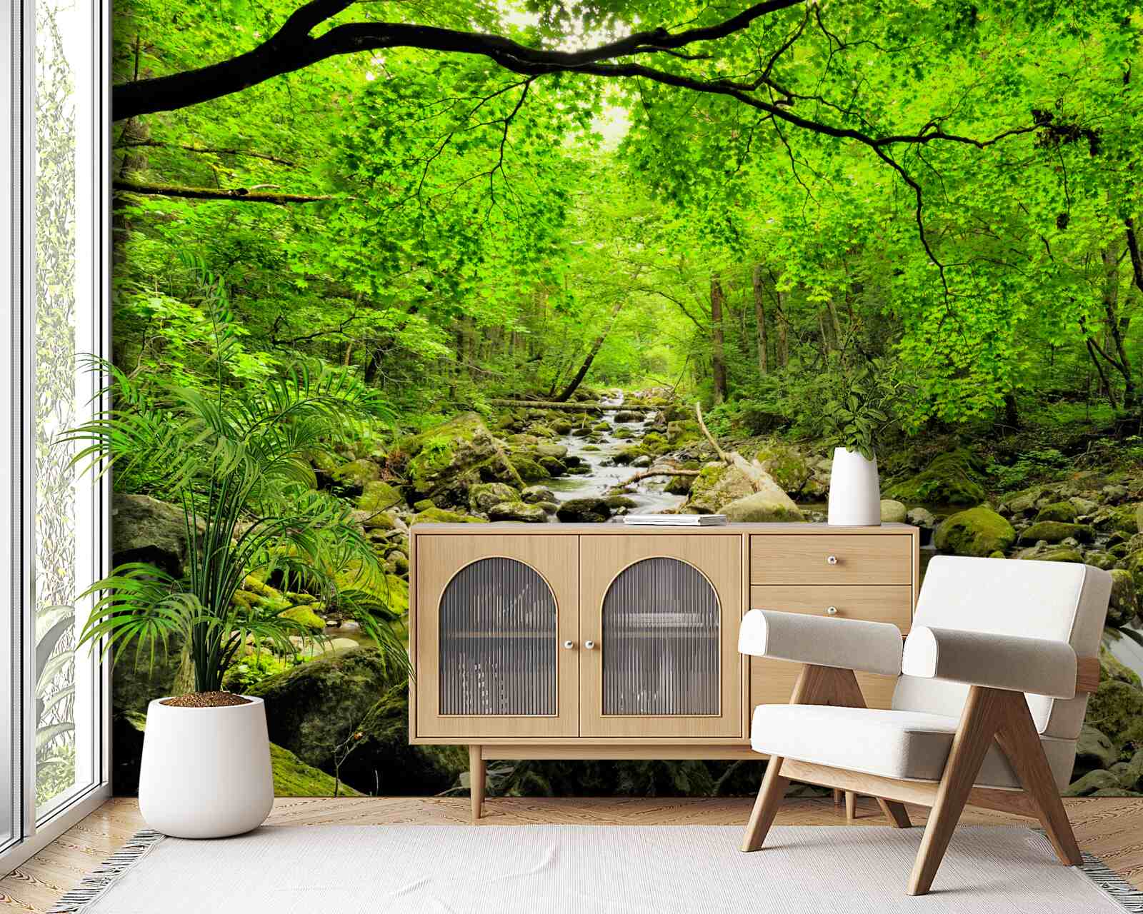 Fotobehang een rustig beekje door een bosschage