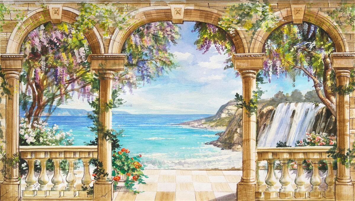 Fotobehang stenen gewelf naar waterval en wateroppervlak