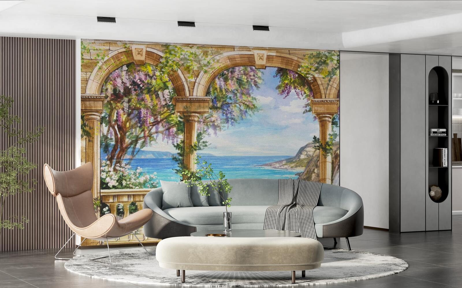 Fotobehang stenen gewelf naar waterval en wateroppervlak