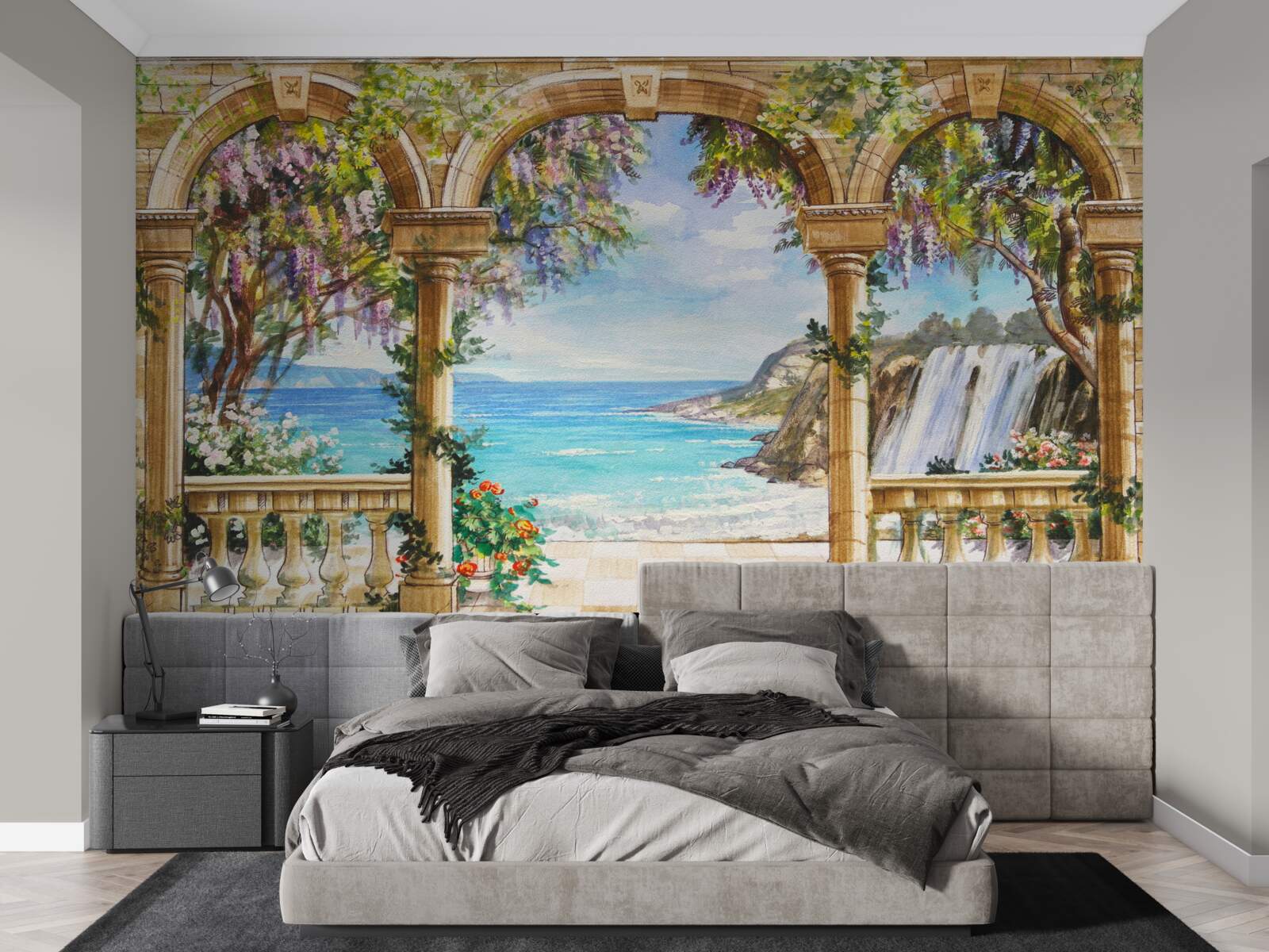 Fotobehang stenen gewelf naar waterval en wateroppervlak