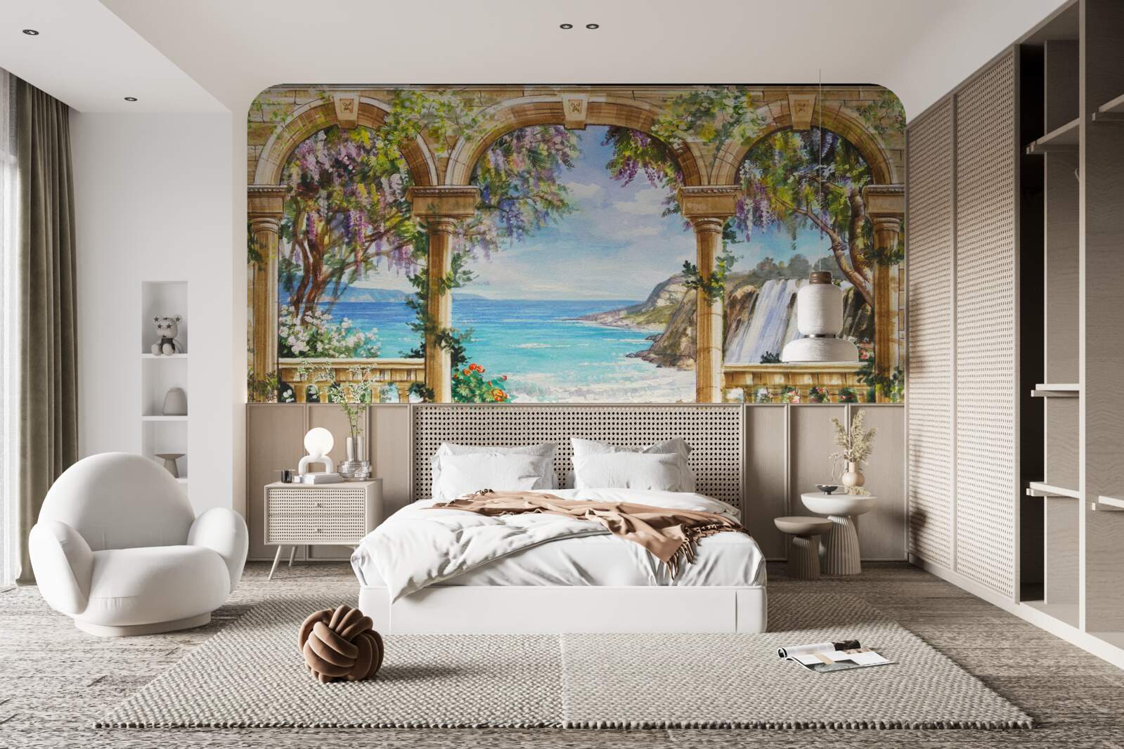 Fotobehang stenen gewelf naar waterval en wateroppervlak