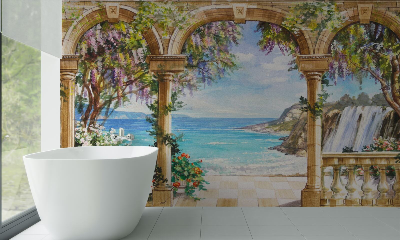 Fotobehang stenen gewelf naar waterval en wateroppervlak