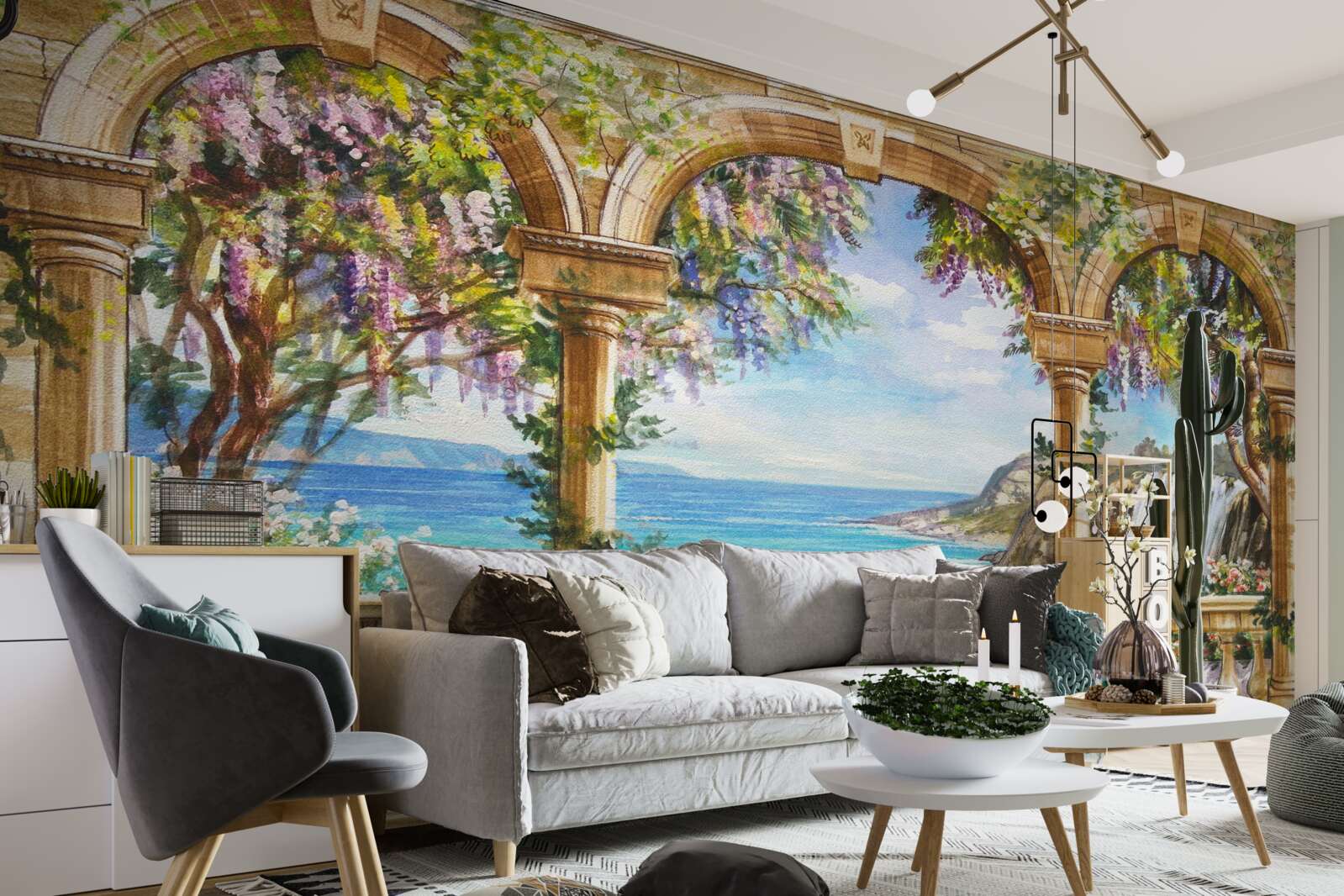 Fotobehang stenen gewelf naar waterval en wateroppervlak