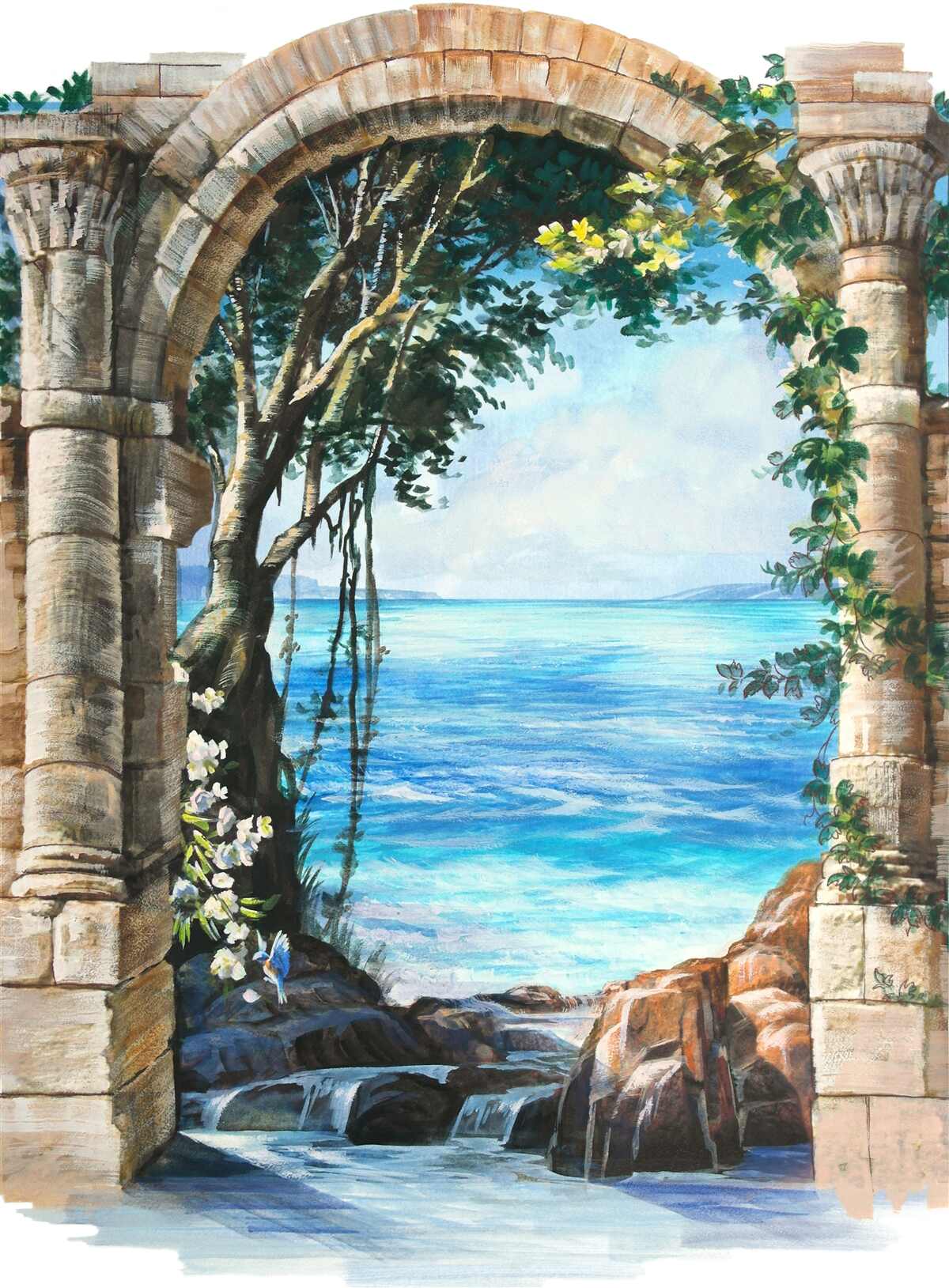 Fotobehang ronde stenen boog met uitzicht op zee