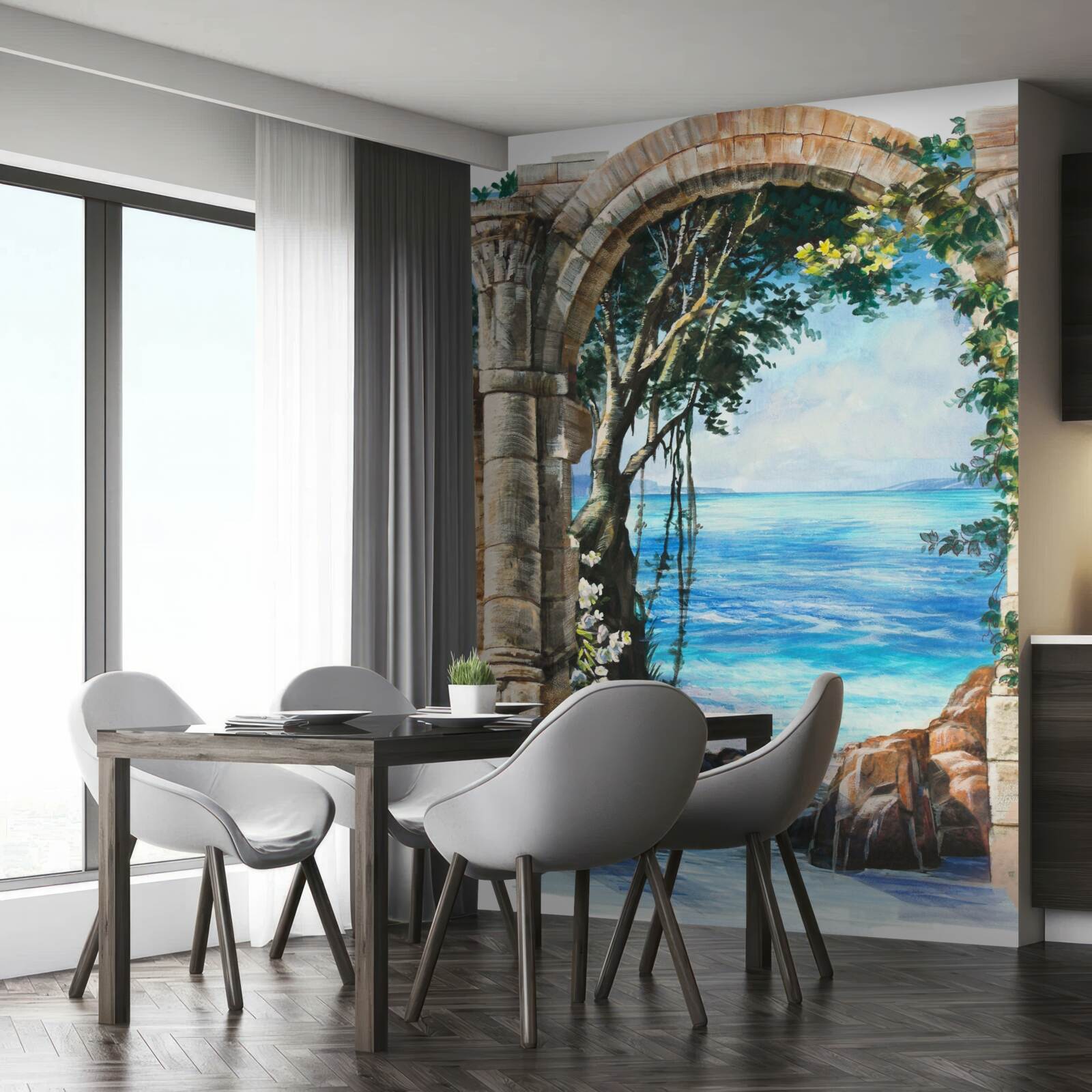 Fotobehang ronde stenen boog met uitzicht op zee