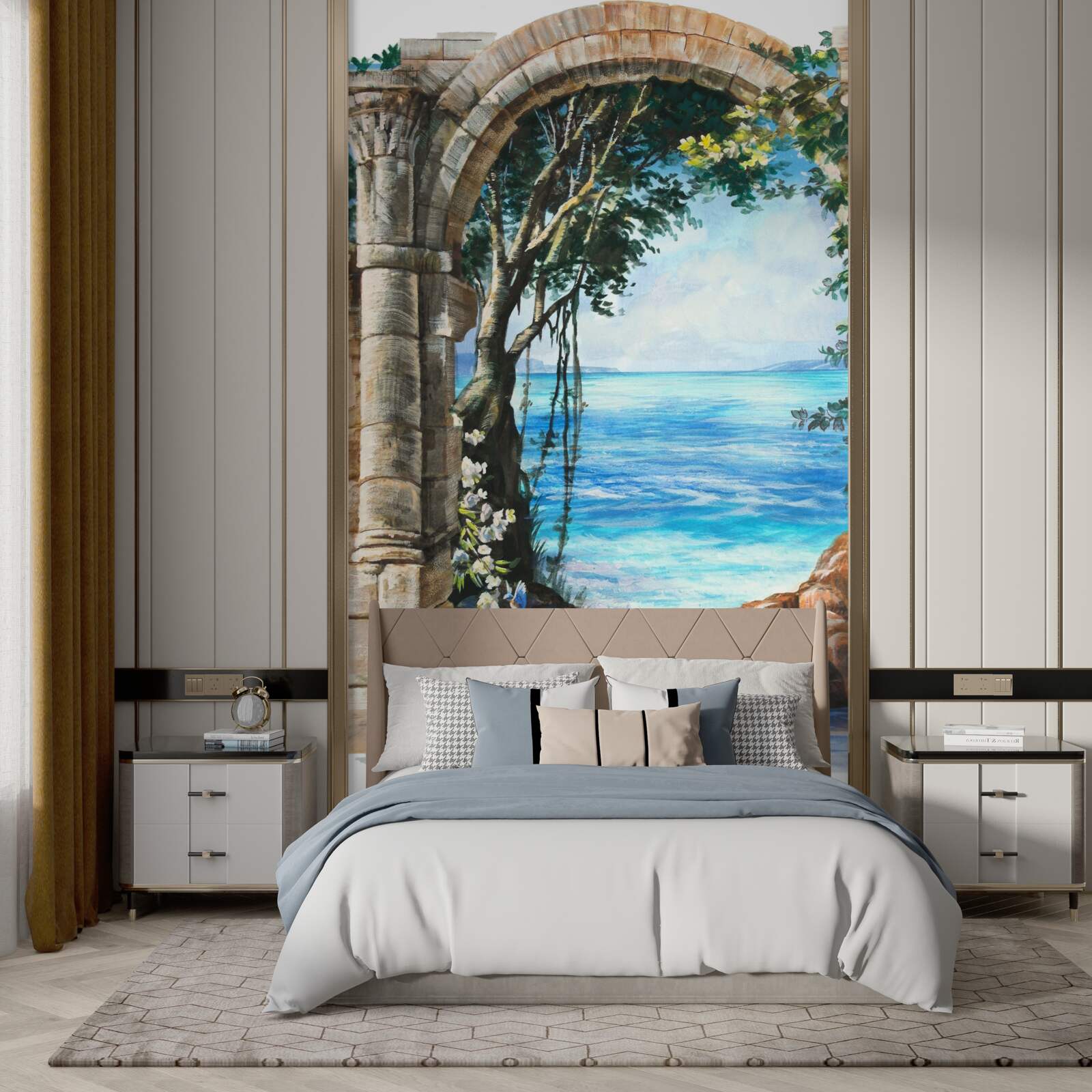 Fotobehang ronde stenen boog met uitzicht op zee