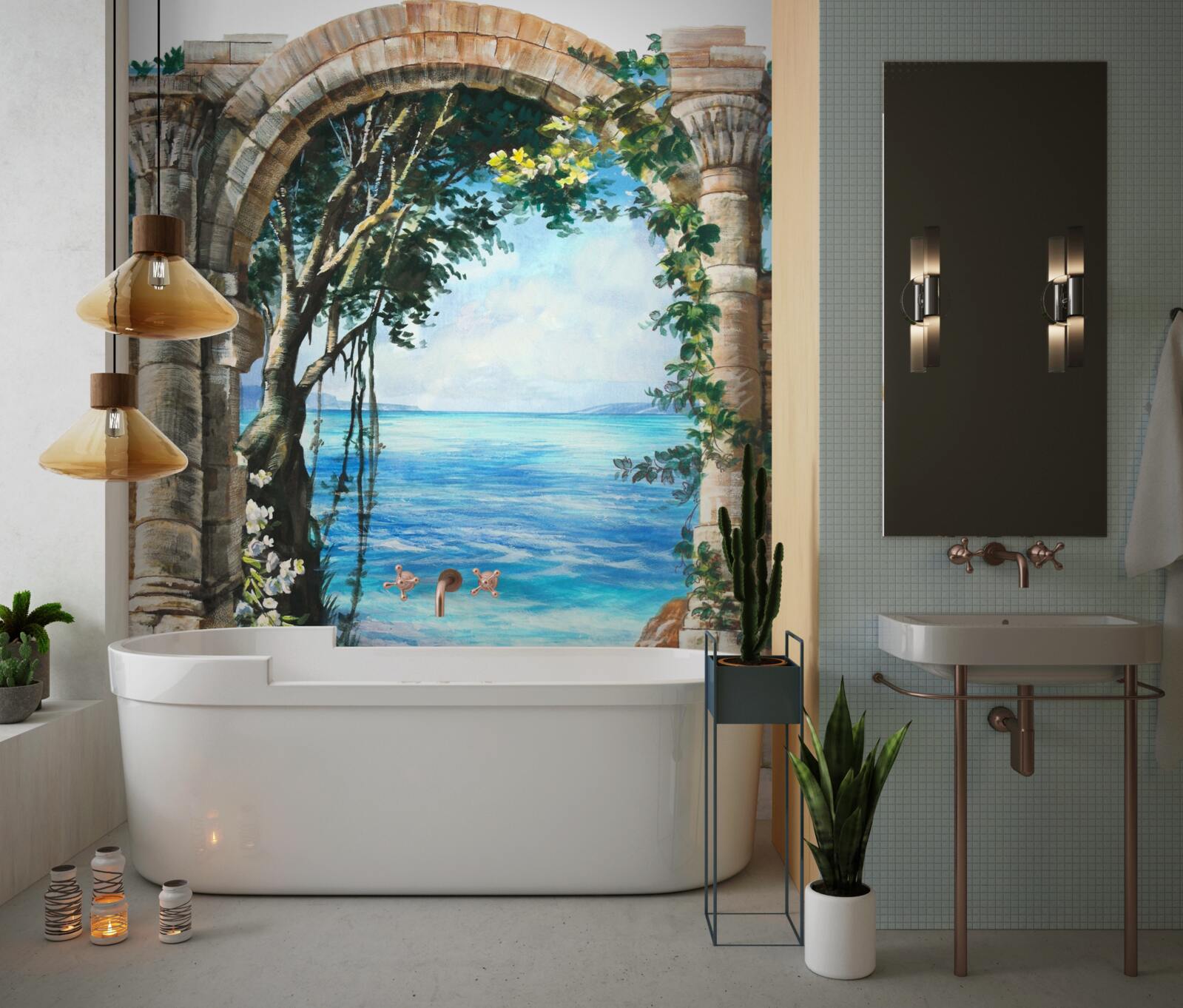 Fotobehang ronde stenen boog met uitzicht op zee