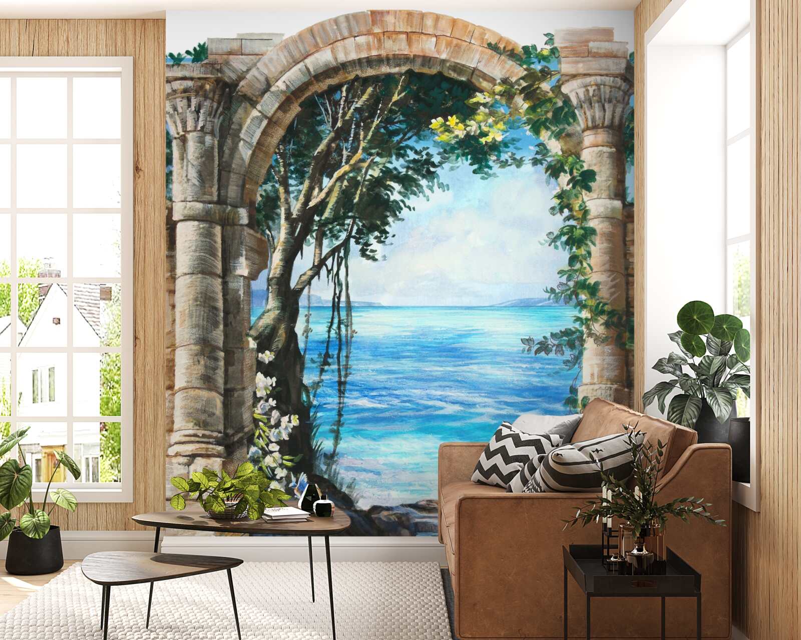 Fotobehang ronde stenen boog met uitzicht op zee