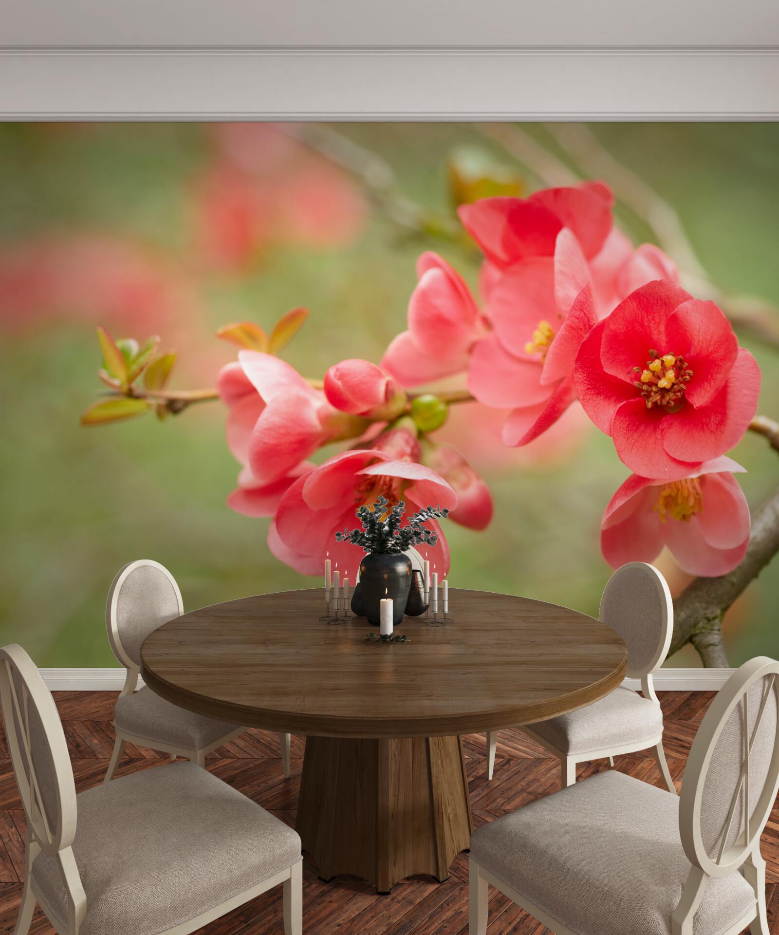 Fotobehang scharlakenrode bloemen aan een boom