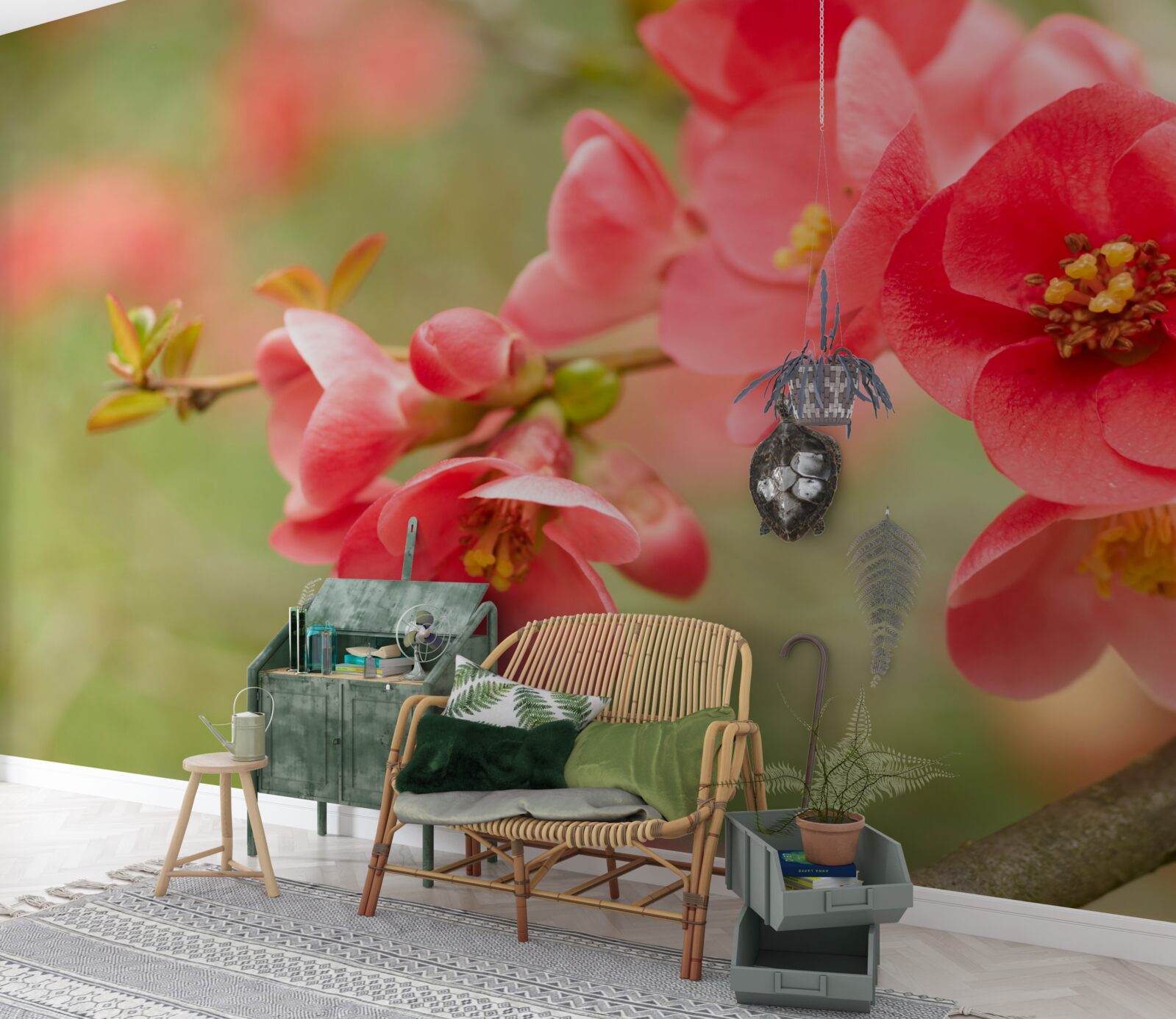 Fotobehang scharlakenrode bloemen aan een boom