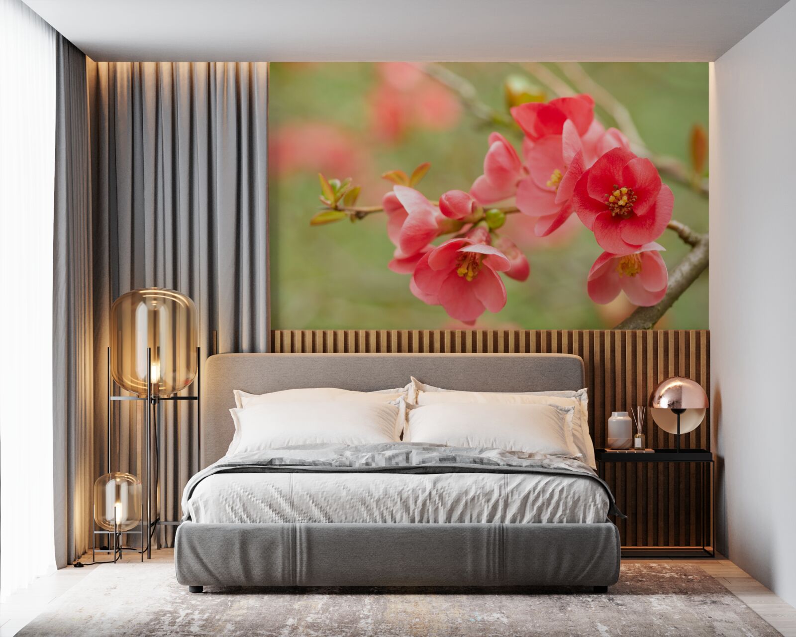 Fotobehang scharlakenrode bloemen aan een boom