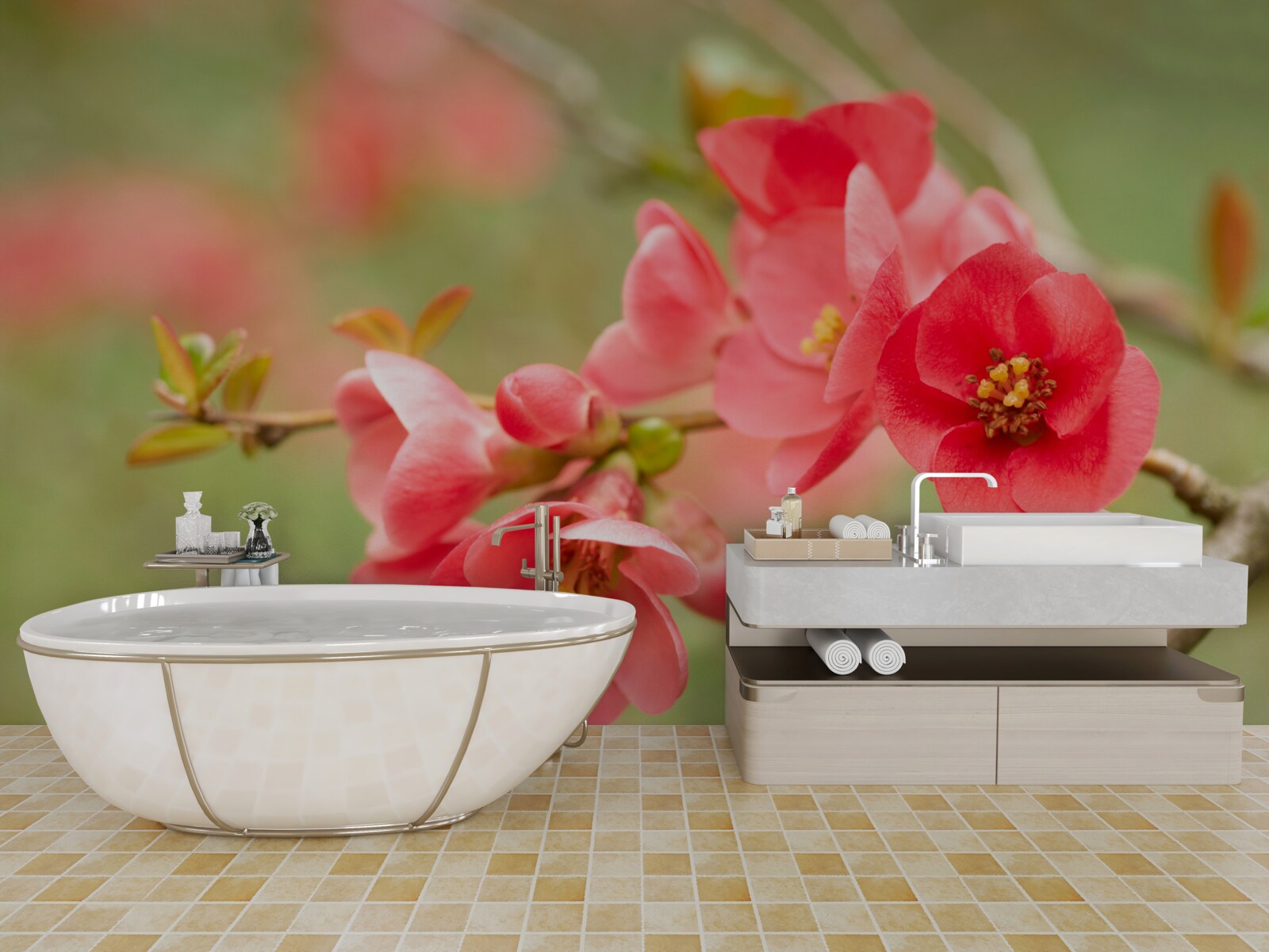 Fotobehang scharlakenrode bloemen aan een boom