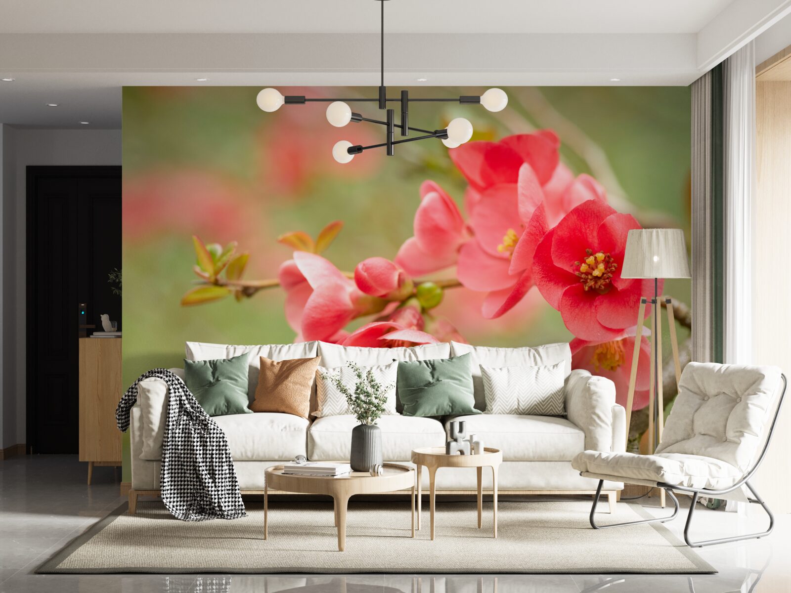 Fotobehang scharlakenrode bloemen aan een boom