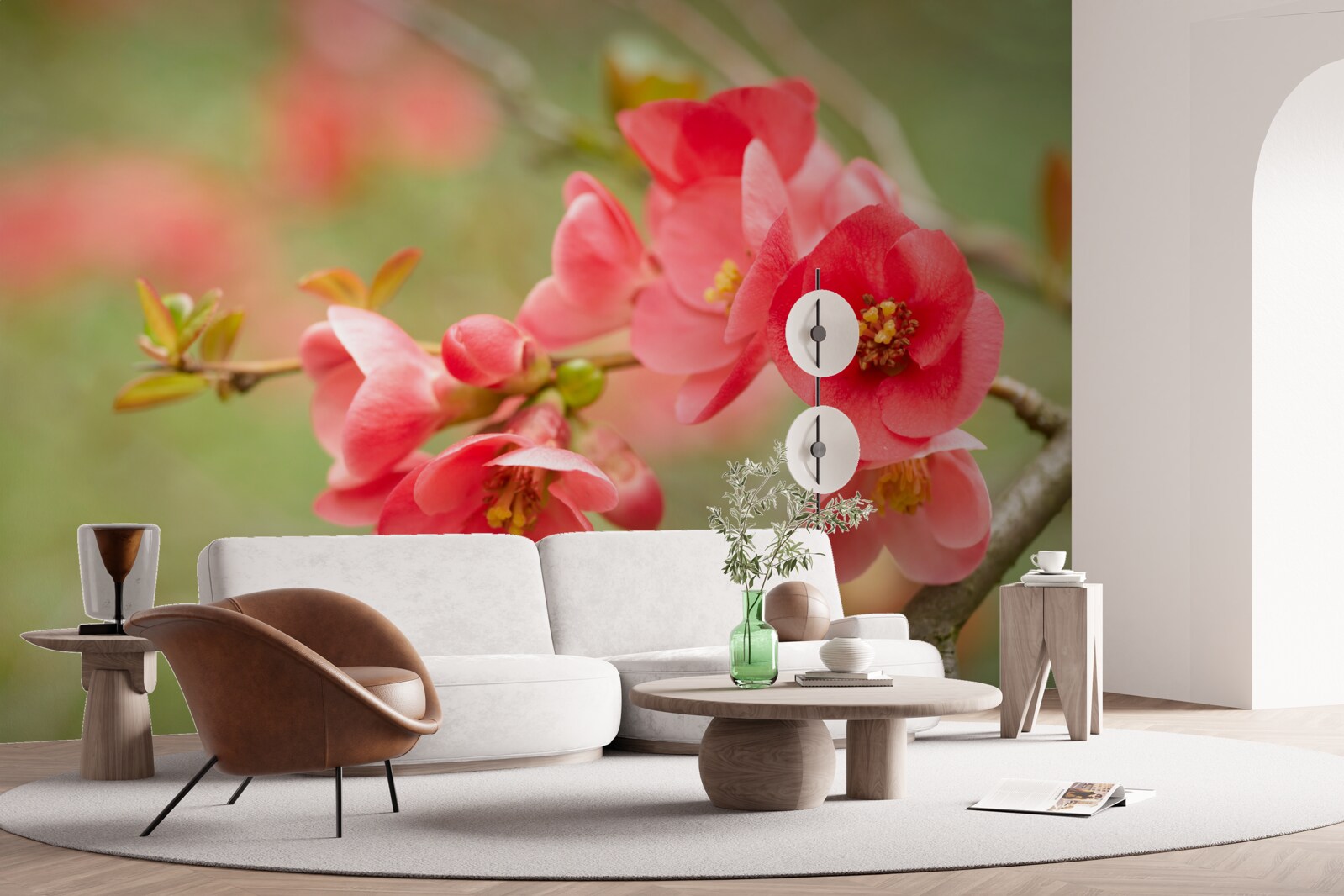 Fotobehang scharlakenrode bloemen aan een boom