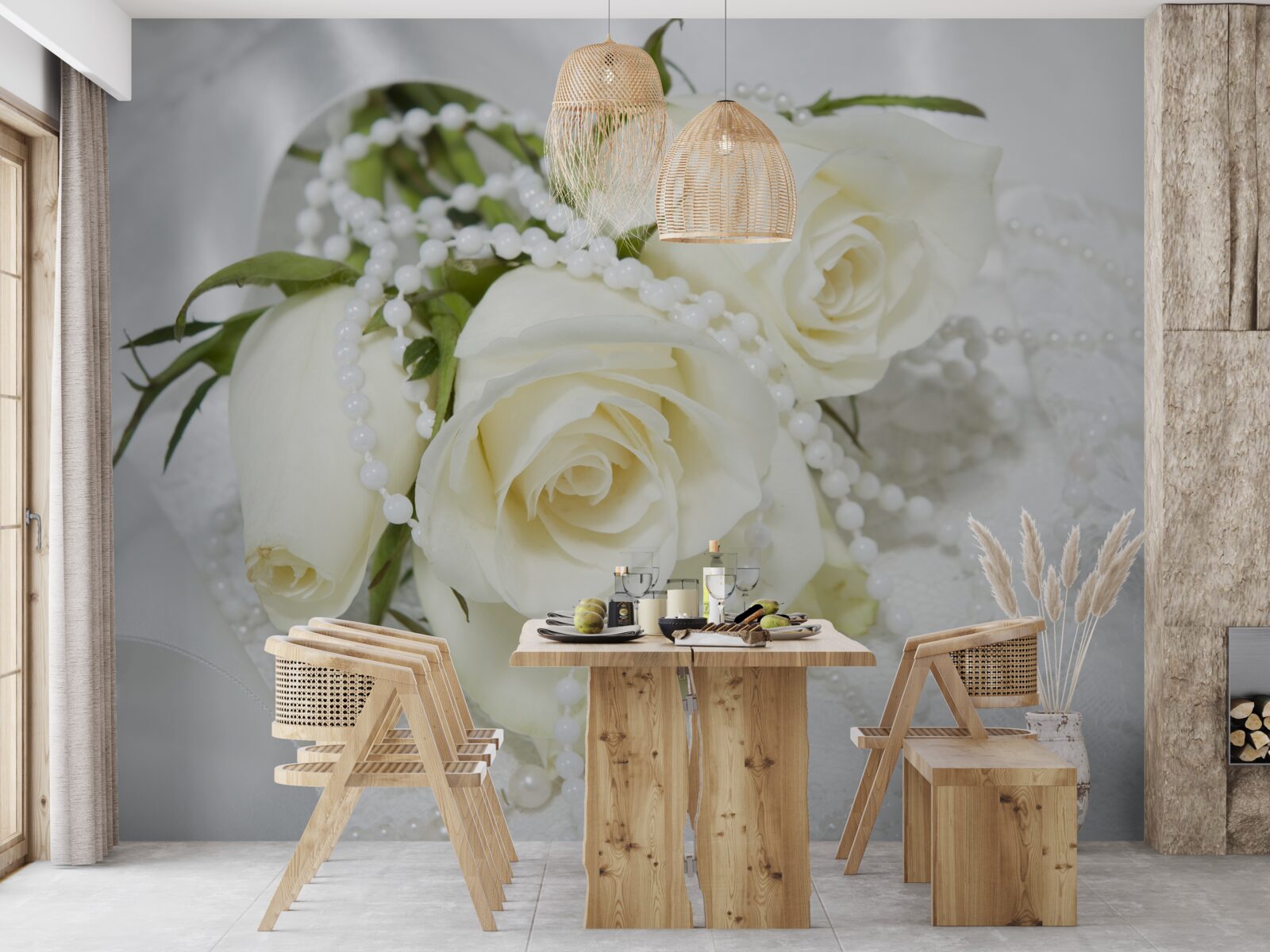 Fotobehang compositie van witte rozen met parelkraaltjes