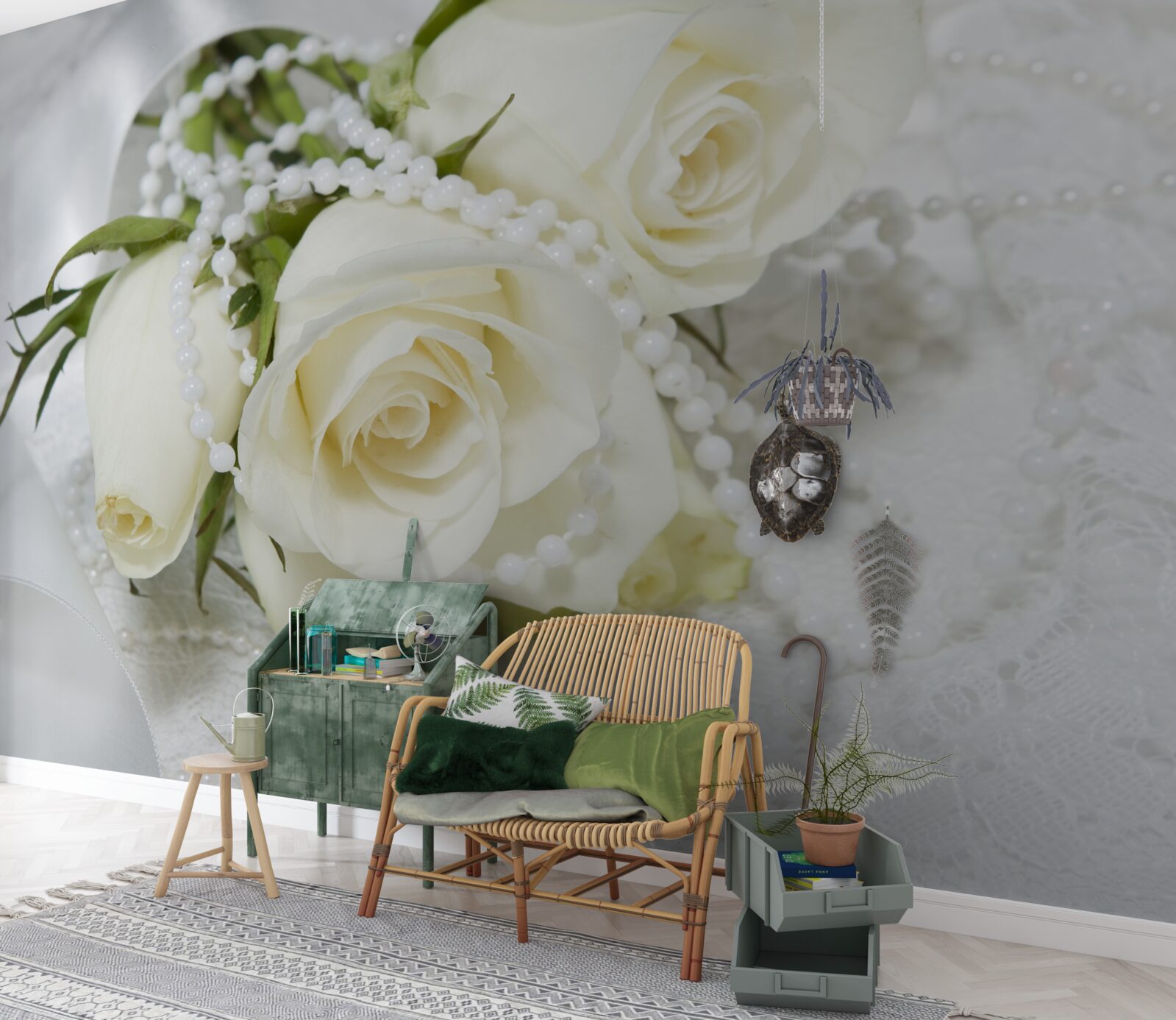 Fotobehang compositie van witte rozen met parelkraaltjes